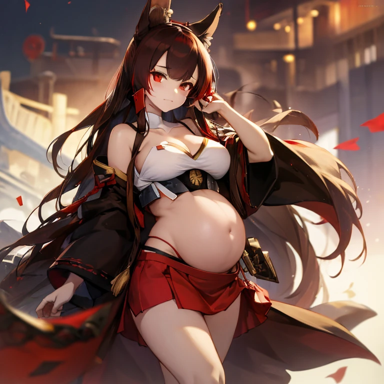 Best quality, high details, masterpiece, Akagi (Azur Lane), foxgirl, 9 tail, long hair, brown hair, red eyes, makeup on eyes,brown half red kimono, belly exposed, pregnant, round belly, pop out navel, red skirt, red hair clips, red skirt, metal sash, standing, simple background