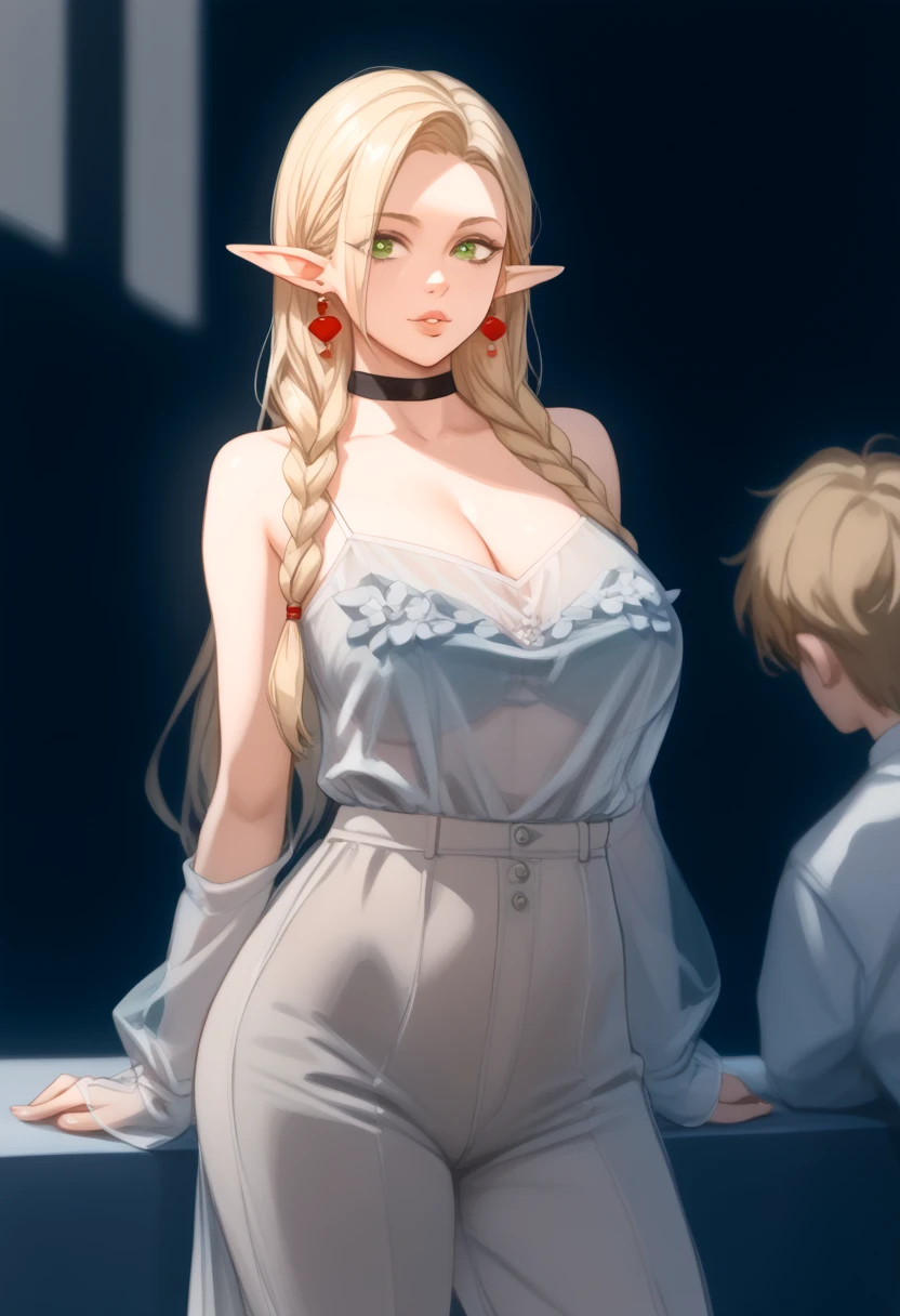 a drawing of a woman wearing oversized elf pants and top with long blonde hair, 1girl, breasts, elf, pointy ears, mole, blonde hair, braid, jewelry, (mole under mouth), long hair, green eyes, earrings, choker, cleavage, huge breasts,Bustiers Vintage,The image shows a woman with light skin and long blonde hair. Her hair is braided and falls down her back. She wears a white dress with a brown bodice, a black band around her neck, and brown pants. She has pointed ears and wears red beaded earrings. His eyes are green and he has a pleasant and confident expression. The woman stands with her shoulders back and her feet slightly apart. She gives the impression of being strong and self-confident. ,best quality,masterpiece,leather pants, sketch , white blouse, looking viewer,((lora:see-thrOugh:1.5))_((transparent_outfit:1))_((_covered·niples_:#)),metal owl