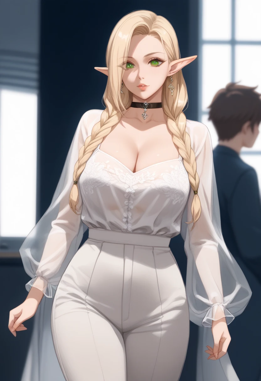 a drawing of a woman wearing oversized elf pants and top with long blonde hair, 1girl, breasts, elf, pointy ears, mole, blonde hair, braid, jewelry, (mole under mouth), long hair, green eyes, earrings, choker, cleavage, huge breasts,Bustiers Vintage,The image shows a woman with light skin and long blonde hair. Her hair is braided and falls down her back. She wears a white dress with a brown bodice, a black band around her neck, and brown pants. She has pointed ears and wears red beaded earrings. His eyes are green and he has a pleasant and confident expression. The woman stands with her shoulders back and her feet slightly apart. She gives the impression of being strong and self-confident. ,best quality,masterpiece,leather pants, sketch , white blouse, looking viewer,((lora:see-thrOugh:1.5))_((transparent_outfit:1))_((_covered·niples_:#)),metal owl