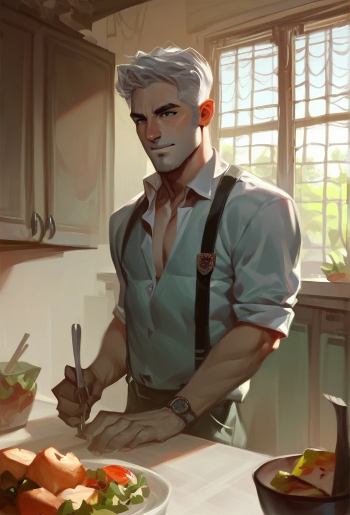 Italian man. Gray hair. Making dinner.In the kitchen. 