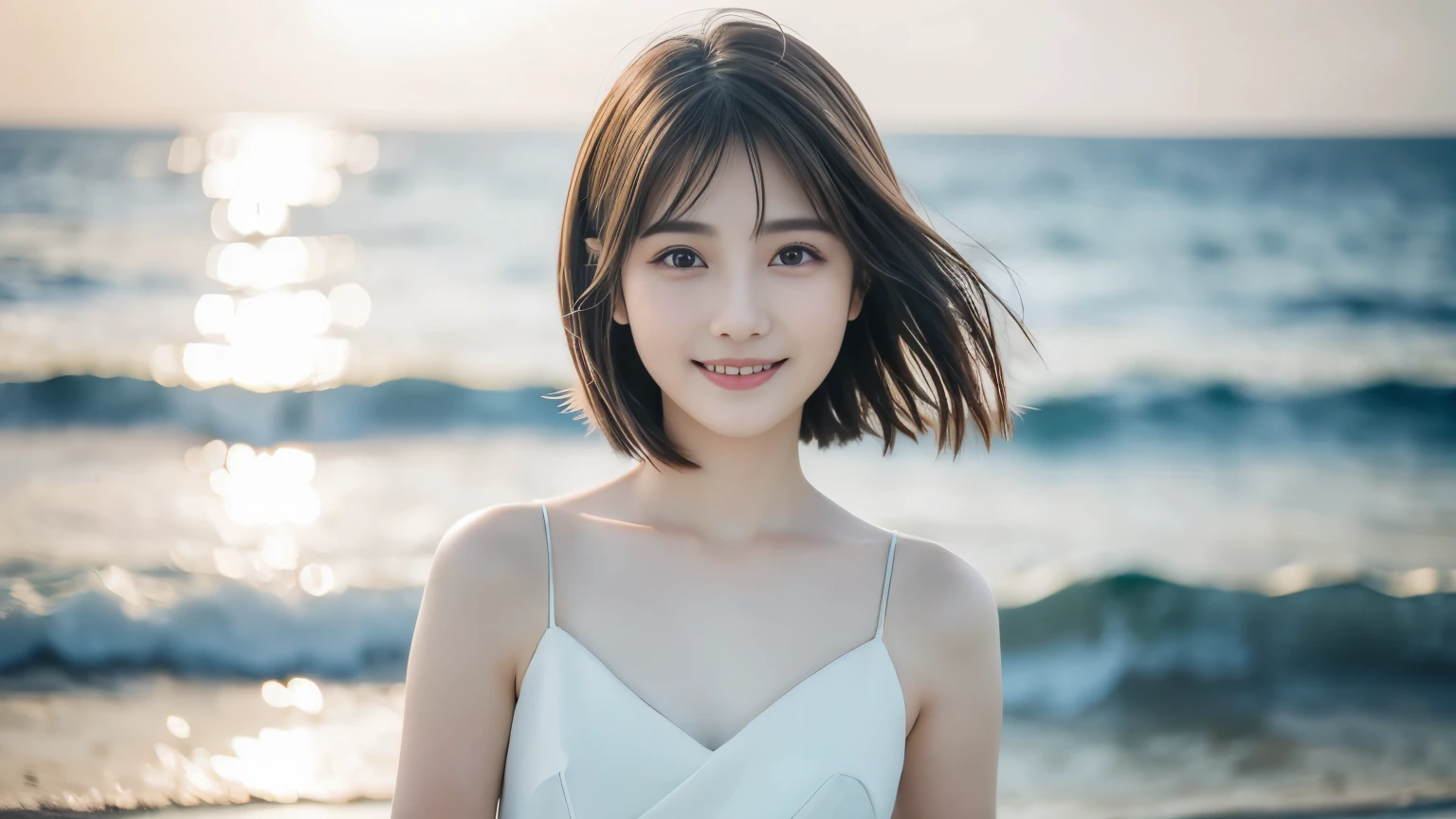 8k, (SurRealistic: 1.35), (Realistic: 1.4), 1 Beautiful Korean Woman, smile, one, light makeup, masterpiece, Superior Quality, high quality, one, No pants, Very good, Latin, puberty, (((super micro bikini)))、 ((Perfect body)), ((Best image quality)), ((time)), ((Very delicate and beautiful)), ((Very shallow depth of field)), Hmph, ((Incredibly shallow depth of field. Familiar with)), (((Very delicate and beautiful))), (((Very shallow depth of field))), Hmph, (((Unbelievably absurd))), (((Perfect body))), (((Black Hair ))))), (((Long Hair)))), (((Camera Eye))), (((small))), (((A happy and wonderful smile))), poor, Own + background, Dynamic Angle, Focus on women, {Particles of light}, detailed background, ((Paul Hedley)), Soft lighting, (dramatic) sunset), sunset, very beautiful sunset, Live Action, Realistic, Top Angle, cute smile, (background blur), 18-year-old, skinny, ((wind)), ((Movement ))), ((emotion)), ((colorful)), ((Baby Face)), ((Beautiful Teeth)), Wither, ocean background、(((I see a small mountain. Mount Fuji across the sea.)))、(((Bobcut)))