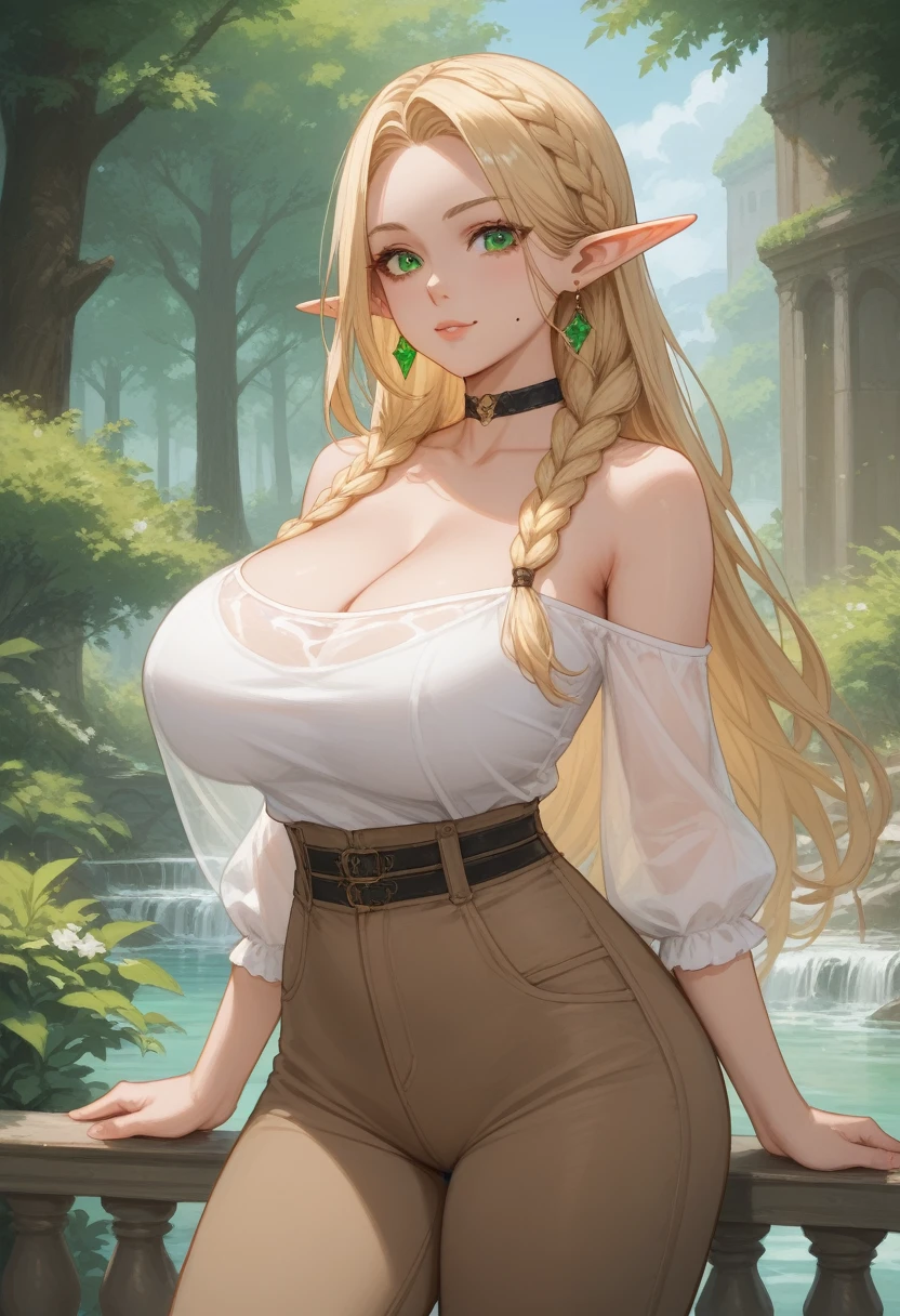 a drawing of a woman wearing oversized elf pants and top with long blonde hair, 1girl, breasts, elf, pointy ears, mole, blonde hair, braid, jewelry, mole under mouth, long hair, green eyes, earrings, choker, cleavage, huge breasts,Bustiers Vintage,The image shows a woman with light skin and long blonde hair. Her hair is braided and falls down her back. She wears a white dress with a brown bodice, a black band around her neck, and brown pants. She has pointed ears and wears red beaded earrings. His eyes are green and he has a pleasant and confident expression. The woman stands with her shoulders back and her feet slightly apart. She gives the impression of being strong and self-confident. ,best quality,masterpiece,leather pants, sketch , white blouse, looking viewer,((lora:see-thrOugh:1.5))_((transparent_outfit:1))_((_covered·niples_:#)),metal owl