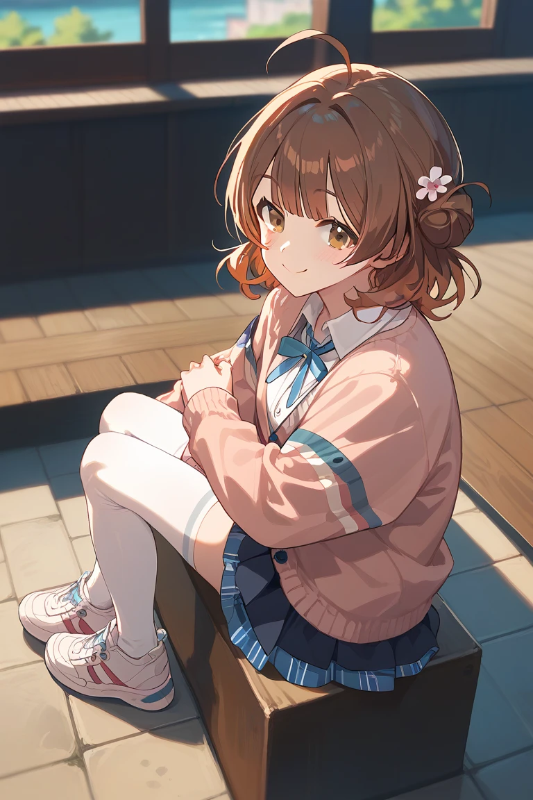 1girl, solo, full body,
ume-default, hanami ume, brown eyes, brown hair,medium hair, hair bun,ahoge,school uniform, cardigan,dress shirt,layered skirt,white thighhighs,sneakers,
sitting, fullbody, from above,
smile,