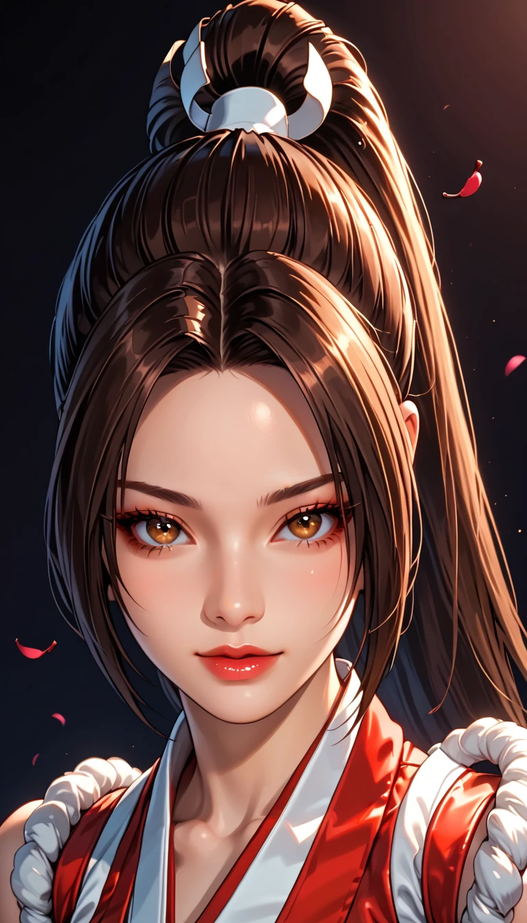 masterpiece,    Best quality  , 
    Realistic Pictures  ,   high quality sashimer    ,    bright color   ,   Light and dark lighting   ,      cannabis-themed    ,
1 female, Mai Shiranui  (( king of fighters)))
 Long Hair,  Brown Hair ,   half-closed brown eyes   (  half-closed eyes), 
,    THICK THIGS   , 
  ((Under the cherry tree))
 Seductive Poses, Dark Background, Dark Places,   Dramatic angle  ,