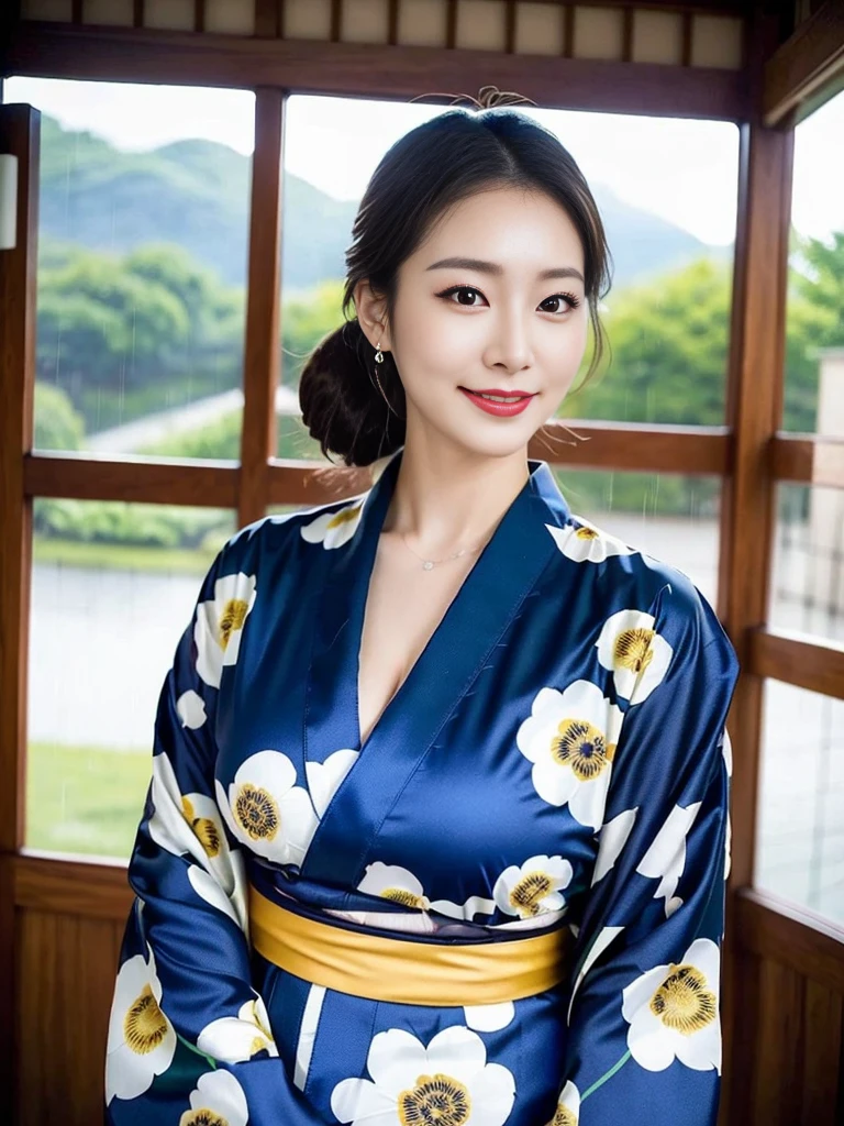 (A sexy and super cute Korean aunt is standing wearing a kimono:1.3)(Grinning:1.1)(Sweaty skin:1.2)(16k,  RAW Photos, Best Quality, masterpiece: 1.2),(艶やかなSweaty skin:1.3) Super detailed,  super resolution, (Genuine, Genuine photos: 1.37), Portraiture,  high-res RAW color photo,  professional photos,  several people having fun with each other while having very detailed , 8k wallpaper,  several people having fun with each other while having very detailed  CG Unity 8k wallpaper,  several people having fun with each other while having very detailed  beautiful girls,  several people having fun with each other while having very detailed  faces, ((whole body)), beautiful woman,  huge breasts,(huge boobs:1.1) ( big boobs :1.1), Beautiful college student (Sexy long-sleeved kimono),Yukata, Korean,(milf), (Beautiful mature)(Beautiful office lady:1.1)(The temple where it is raining heavily:1.2)(51 years old)gal,Gal,Heavy makeup(Sweaty skin:1.2)(Shiny tied ponytail hair)(from side)Luxury Necklace,Furisode,Yukata,Kimono(NSFW)beautiful legs(Japanese Umbrella:1.2)