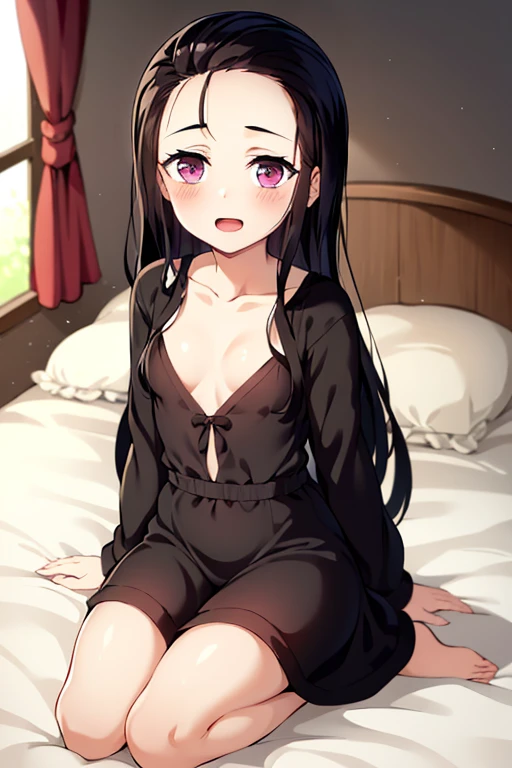 ((Best Quality)), ((masterpiece)), (be familiar with),  perfect face, indoor, bedroom,  watching viewers,
One woman,  Gamemun Neko ,
 characters with open mouth ,  ecstatic expression with hands in front of body, blush, smile,
Small breasts,  flat chest, Young girl, Lori,  kids,  girl,
 long hair,  long hair,
Leg spread,