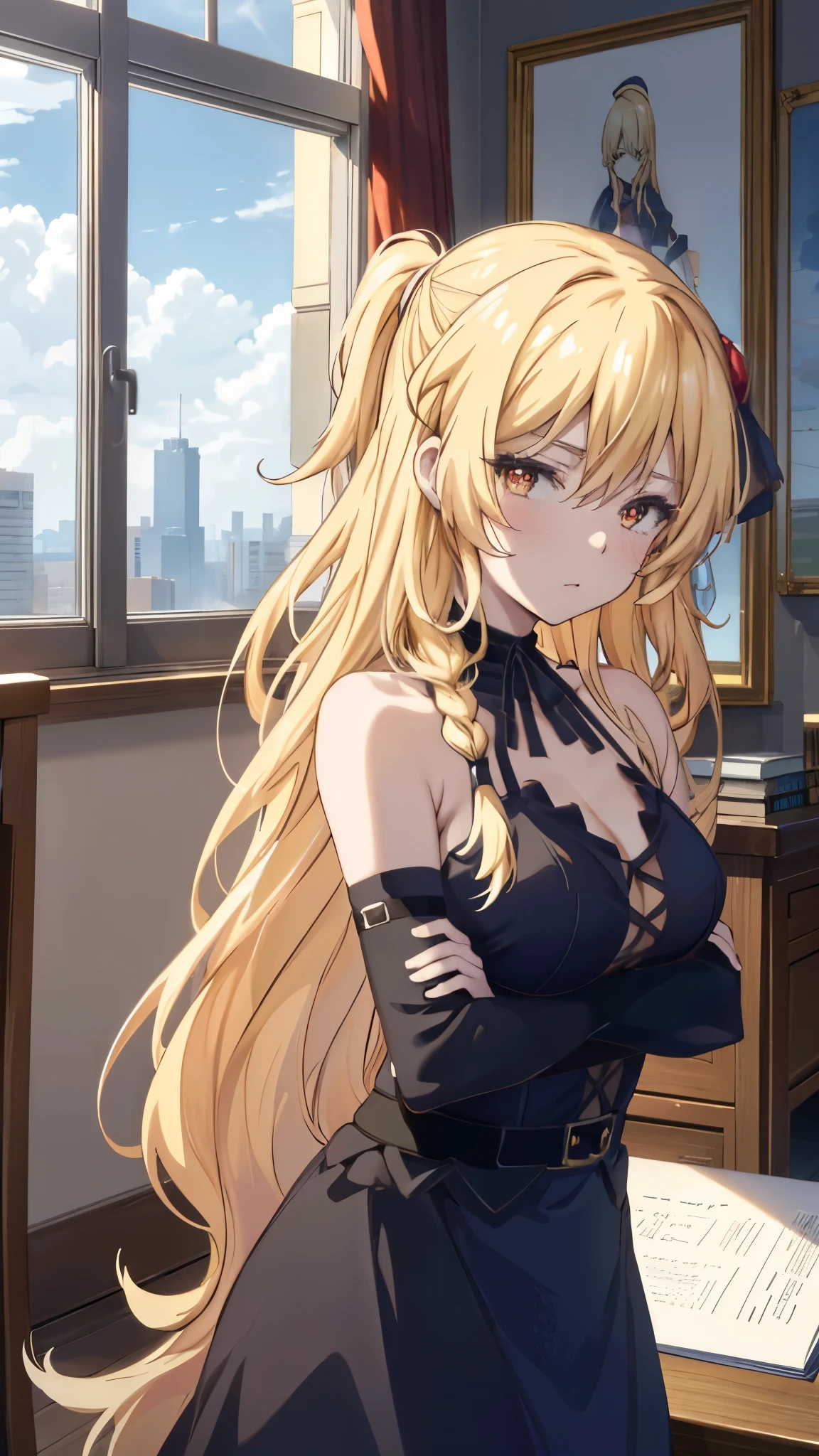 seductive, dynamic pose, iphone wallpaper, sexy, large breasts, a woman in a black dress standing in front of a window, an anime drawing inspired by Li Chevalier, trending on pixiv, shin hanga, anime girl wearing a black dress,  cute anime waifu in a nice dress, marisa kirisame, blonde anime girl with long hair, anime visual of a cute girl, seductive anime girl