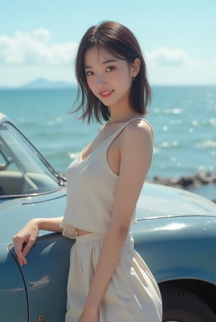 Photo of a wonderful girl, Wearing a low-cut top, (((Very heavy chest))), Wavy hair, Sitting on top of a cool classic sports car, Next to the beach, Look into the camera., symmetry eyes, symmetrical face, Photorealistic, photography, Route Tracing, specular lighting, Volumetric Face Light, Path Tracing Hair, Visible shadows, intrikate, elaborate, A hyper-realistic, Looking down from top to bottom , 3 of the whole body/4 , Naturallight ,tmasterpiece,finelydetail ,Various poses, Variety of hair,Beach at sunset,A Smile、He smiled slightly ,Looking straight ahead ,Leaning over the car