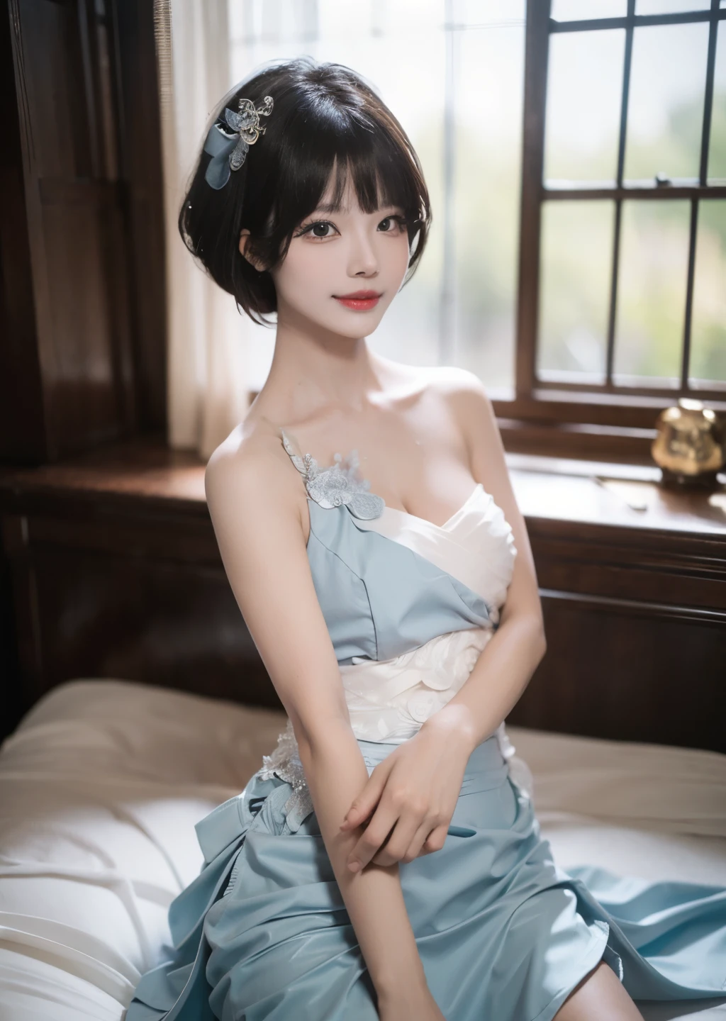 HDR, (8K, RAW photo,  Best Quality , masterpiece:1.2), ( actual , photo- actual :1.8),  super detailed, ( highly detailed skin:1.2), Perfect soft lighting ,  high quality , Film Grain, 1 Girl, Short hair,  dynamic posture,  Smile,  watching the viewer ,  asian girl, Chinese Girl, eyelash, Eyeshadow, 