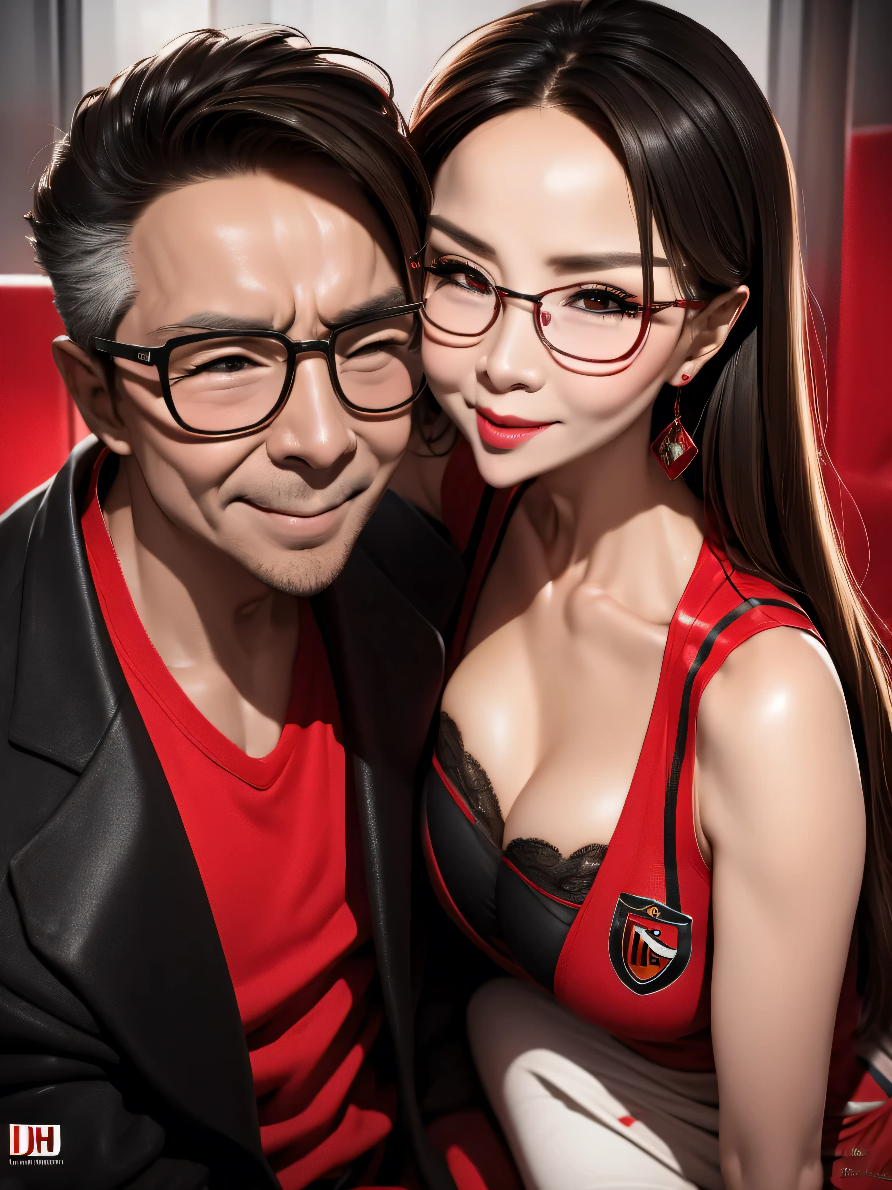 A sexy woman wearing a revealing AC Milan's team uniform, kissing her elderly husband in the crowded San Siro stadium, UHD, masterpiece, textured skin, super detail, best quality, 8k.