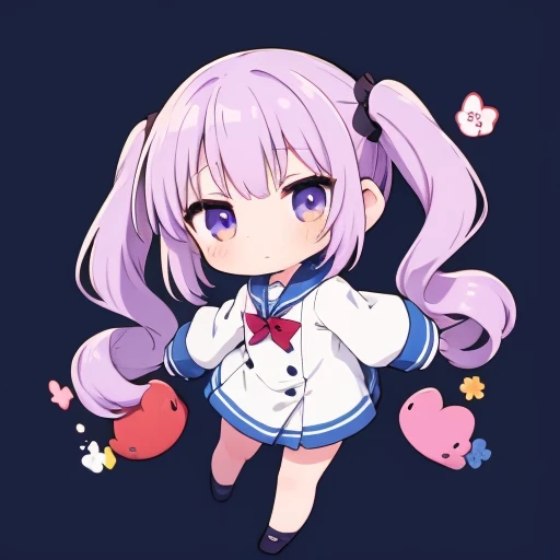  girl, cute,One person, twin tails, light purple hair ,uniform, sailor suit,Moe sleeves,Long sleeves,Sleeves to cover the arms, minicaras,Chibi character,tired-sode