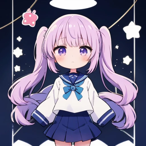  girl, cute,One person, twin tails, light purple hair ,uniform, sailor suit,Moe sleeves,Long sleeves,Sleeves to cover the arms, minicaras,Chibi character,tired-sode