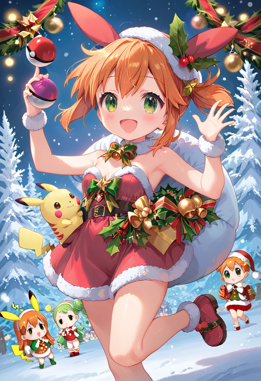 Misty_pokemon ,baby , chibi, kawaii , Berry Short,Orange Hair, one side up hair ,Big green eyes,Small breasts,Skinny , akane's . anime girl in a christmas dress holding a teddy bear in front of a christmas tree, seasons!! : 🌸 ☀ 🍂 ❄, christmas night, official artwork, in a candy forest! at night, happy!!!, splash art anime ****, pixiv contest winner, ****, digital art on pixiv, promo art, official art, grand!, snow glow ,pokemon , PokeBall, Pikachu 