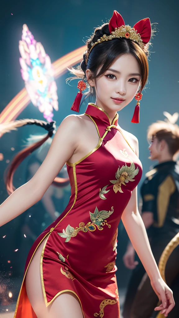 1 girl,seven waves,(Chinese celebration dress:1.4),outdoor,  (standing posture),jewelry,grace,(((red lips))), Lips slightly open,  clavicle,Lactation,(huge breasts),((8k, original photo, top quality, masterpiece), HD RAW color photos professional close-up photos, (actual, photorealism: 1.37), (best quality),8k,soft sunshine, Fabric luster,alone,