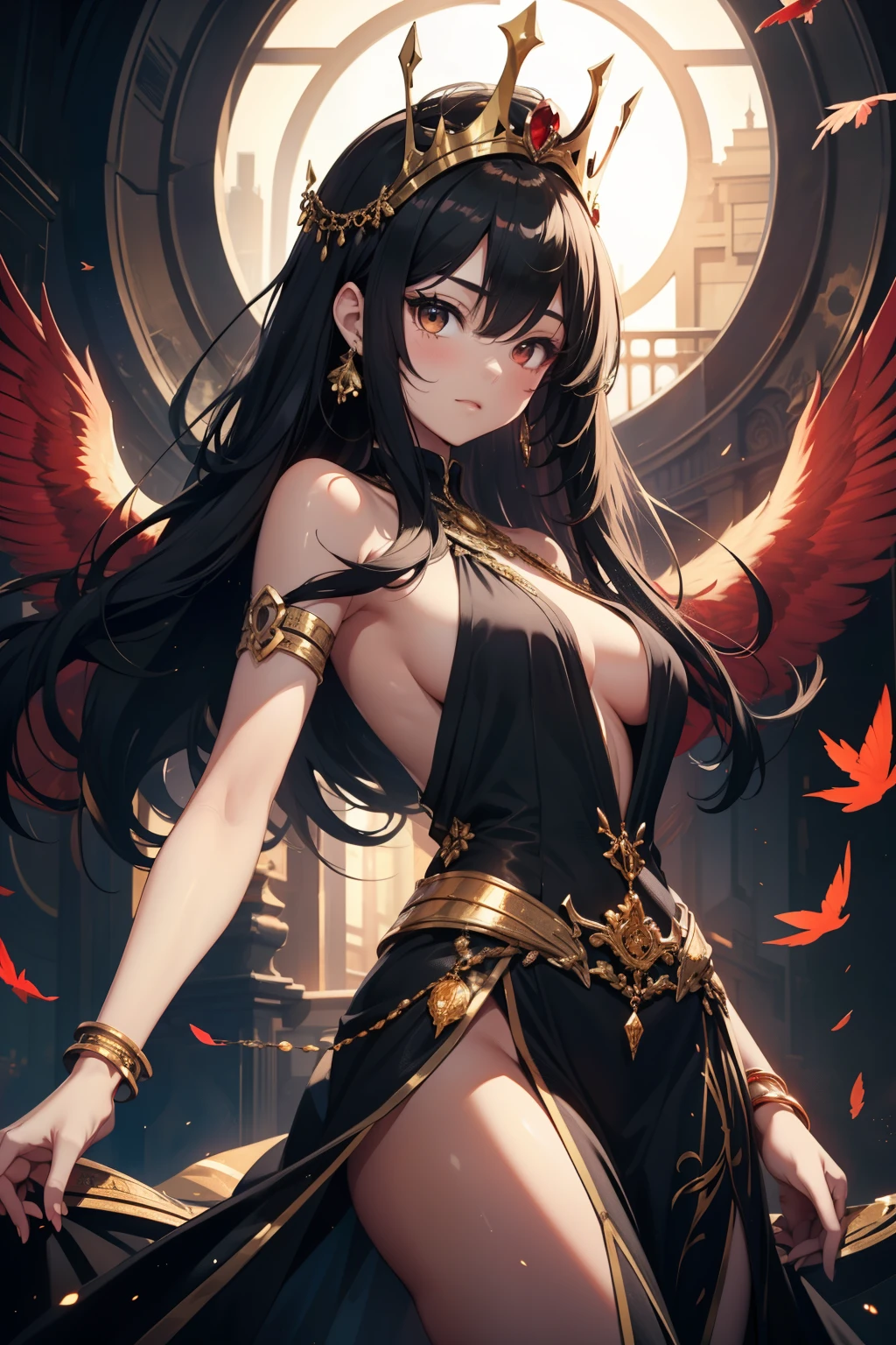 tmasterpiece, Best quality at best, ultra - detailed, CG illustration, A high resolution, better lighting, The best shadow, Extremely Delicately Beautiful, Proper shading, k hd, 8K, Ray traching, Ultra-detailed and clear background, Perfect lighting, style of anime, Inspired by《Mahokenshi》nipple play: Ruby House (Tengu, Winged Mountain God, Provocative, of red and white colors), strength, samurai punk, Alone, 1人の女性, brunette color hair, red eyes, AS-Adult, Belt tassels,