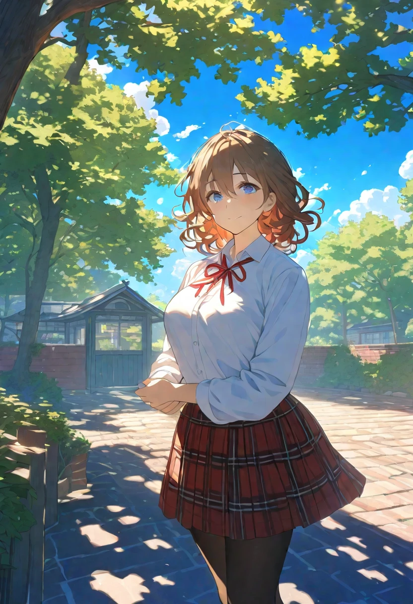 Nsfw, Masterpiece, hdr, bloom, 4k, Anime-style illustration featuring a beautiful female student, medium hair of warm brown, styled with bob messy hair, hair between eyes, she has a gentle, soft expression with large, slightly downturned eyes, giving her a calming and approachable aura, large breast, She is wearing a formal school uniform consisting of a black blazer, white shirt, red neck ribbon, red plaid skirt, and black pantyhose. reflecting her reserved but comforting personality, The background is a serene school courtyard during a sunny day, with trees, a blue sky, and soft sunlight filtering through, creating a peaceful and bright atmosphere. The style is detailed and vibrant, evoking a classic anime scene, cowboy shot, looking at viewer, smiling 