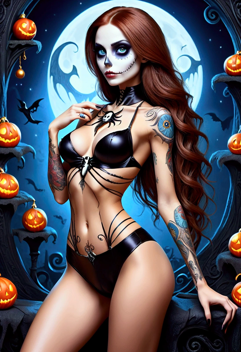 Create a hyper detailed photograph of a nightmare before Christmas tattooed young sexy stunning gorgeous sally Skellington, Stunningly perfect gorgeous face, perfect makeup,detailed vibrant eyes, long hair,detailed perfect beautiful legs, detailed perfect beautiful arms, realistic torso, muscular abs, sally Skellington detailed silky smooth skin texture,detailed silky smooth perky breast, perfect round ass, sexy seductive strappy lingerie, back to viewer looking forward,