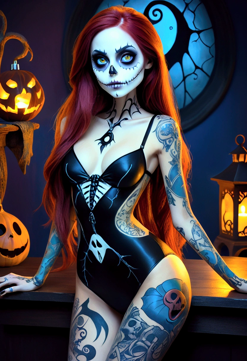 Create a hyper detailed photograph of a nightmare before Christmas tattooed young sexy stunning gorgeous sally Skellington, Stunningly perfect gorgeous face, perfect makeup,detailed vibrant eyes, long hair,detailed perfect beautiful legs, detailed perfect beautiful arms, realistic torso, muscular abs, sally Skellington detailed silky smooth skin texture,detailed silky smooth perky breast, perfect round ass, sexy seductive strappy lingerie, back to viewer looking forward,