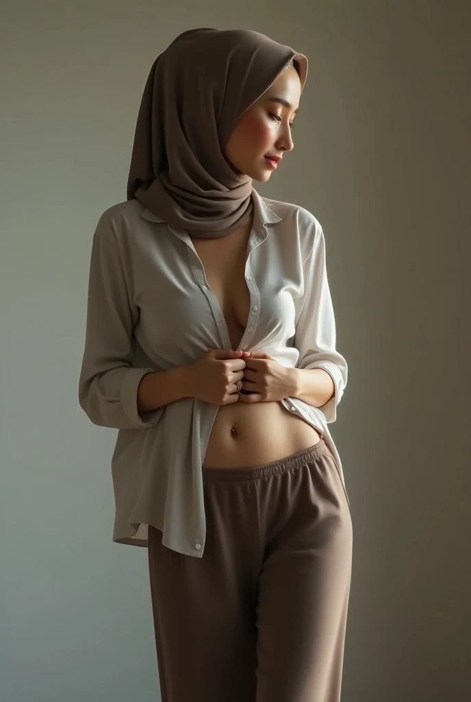 woman 25 years old, ?????, beautiful face, teasing, office, light khaki hijab, white skin