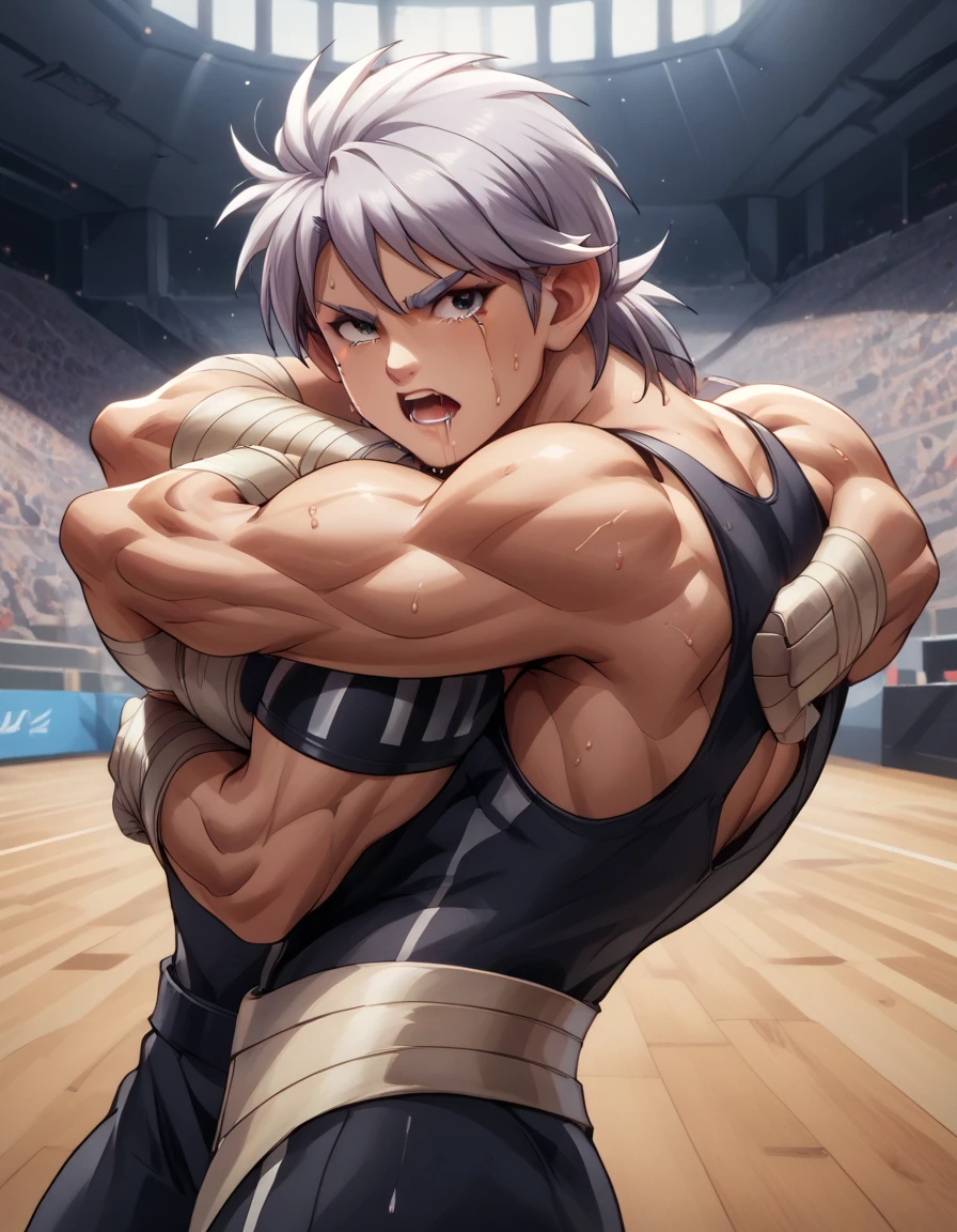 Hyunckel,bandage, Silver Hair, huge muscles,18-year-old boy,((Huge penis, anal sex,Armlock,Amoeba jumps to the chest )), open your arms wide and clench your fists, Open Big Mouth, large number of protruding blood vessels ,((Gives off an evil aura)), painful expression,megaman suit,,Lots of sweat, tears, and drooling, in the middle of the Colosseum , tight muscles, rape,Demon Body,The devil takes over,brainwashing,Muscle Pose, armband, bracers,Harness,score_9,score_8_up,score_7_up,source_anime,HD,Hyunckel,lavender hair, black eyes, looking at viewer, light rays,posing, bandages, bandages covered body,nsfw,