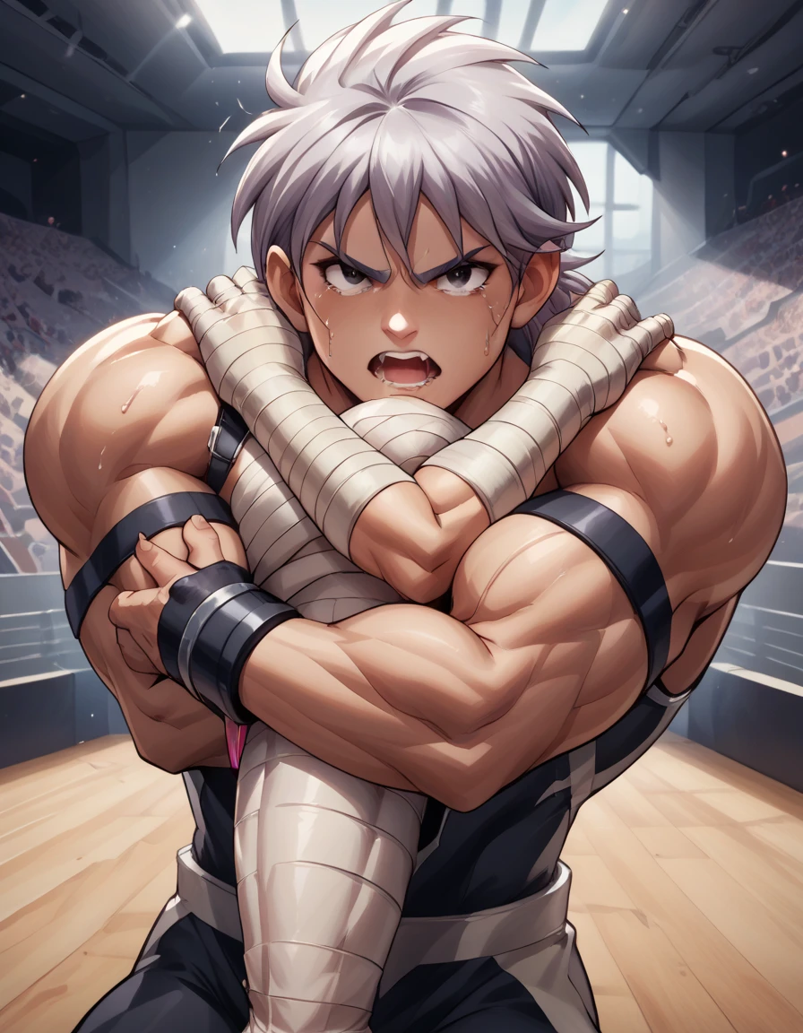 Hyunckel,bandage, Silver Hair, huge muscles,18-year-old boy,((Huge penis, anal sex,Armlock,Amoeba jumps to the chest )), open your arms wide and clench your fists, Open Big Mouth, large number of protruding blood vessels ,((Gives off an evil aura)), painful expression,megaman suit,,Lots of sweat, tears, and drooling, in the middle of the Colosseum , tight muscles, rape,Demon Body,The devil takes over,brainwashing,Muscle Pose, armband, bracers,Harness,score_9,score_8_up,score_7_up,source_anime,HD,Hyunckel,lavender hair, black eyes, looking at viewer, light rays,posing, bandages, bandages covered body,nsfw,