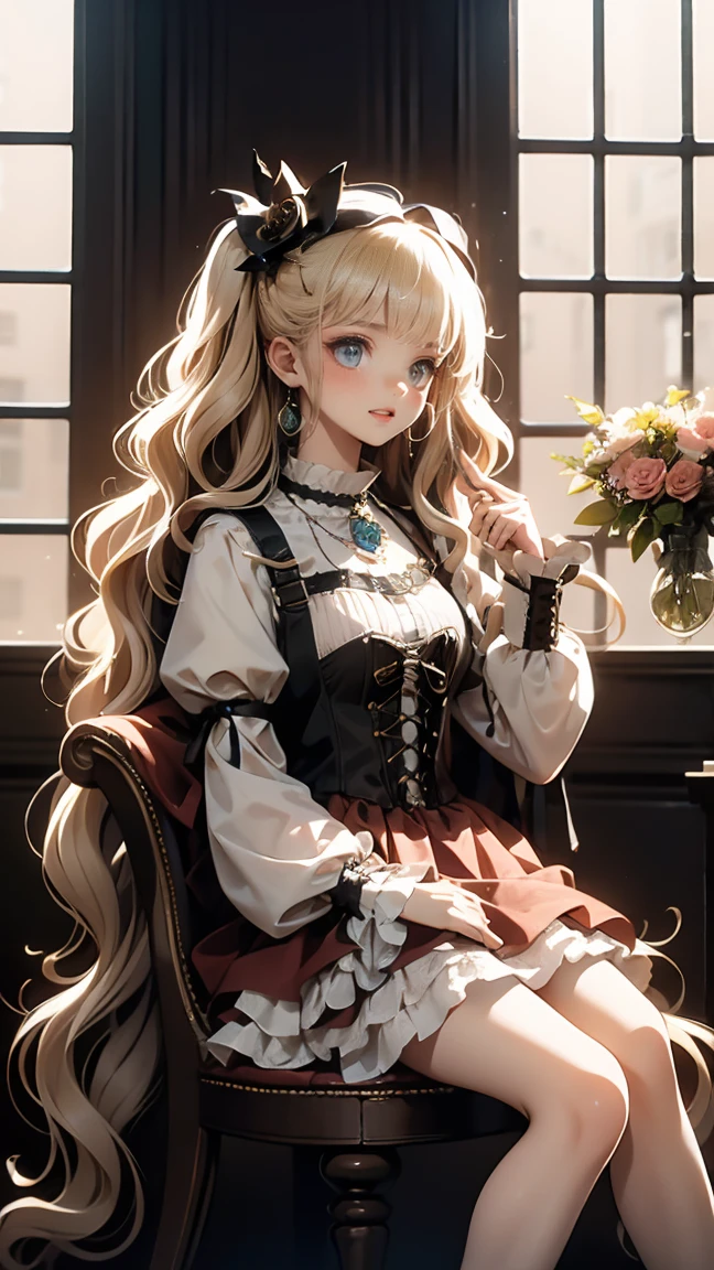 (8K,  Best Quality , masterpiece: 1.2),   Ultra HD ,, Marie Antoinette,  super detailed facial  ,Fine particles, Open mouth slightly ,( blonde girl ),Long hair, wavy hair in front of the station, rest, sitting on a luxury chair ,Long sleeve dress,  This dress has a long dress  , Baroque style dress ,   An intricate dream dress  ,   A gorgeous, attractive dress  ,  Romantic dresses,  with ruffles   ,Lottery,  data style , Formal Wear, Fashion, palate colors include Pink and white,(Pink:1.5), A-grade smile ,Gold Crown,  necklace ,Sit in a gorgeous chair,  Needed   ,(  rainbow light  :1.4),,  A character profile looking out the window  , There is a small ribbon on the back ,( Victoria Palace interior )、Her eyes sparkle、今彼女の blonde girl の髪は腰まで伸びている、 rose gradient and three , 薄いPinkのロック. 彼女は花柄の装飾が施されたGold Crownを着用し、  matching earrings   , White flower necklace. 彼女は金色のボタンで縁取られたフリル付きの白いストライプのPinkのトップを着ている,  white sleeves in the shape of a flower bud  ..  A fuchsia ribbon hangs from her chest ..、 tied to the back of the neck 、 matching chest , Adorned with flowers.  Her fluffy dress is split in two parts by a white thread ,  、 with gold decoration ,  on the back .  her miniskirt 、薄いPinkのマゼンタの貝殻状の裏地と白い花のペチコートでできている. 彼女はPinkの花がついた白い手袋も着用している, 白と薄いPinkの靴には、ゆるいカフとAdorned with flowersたマゼンタのリボンがある.
