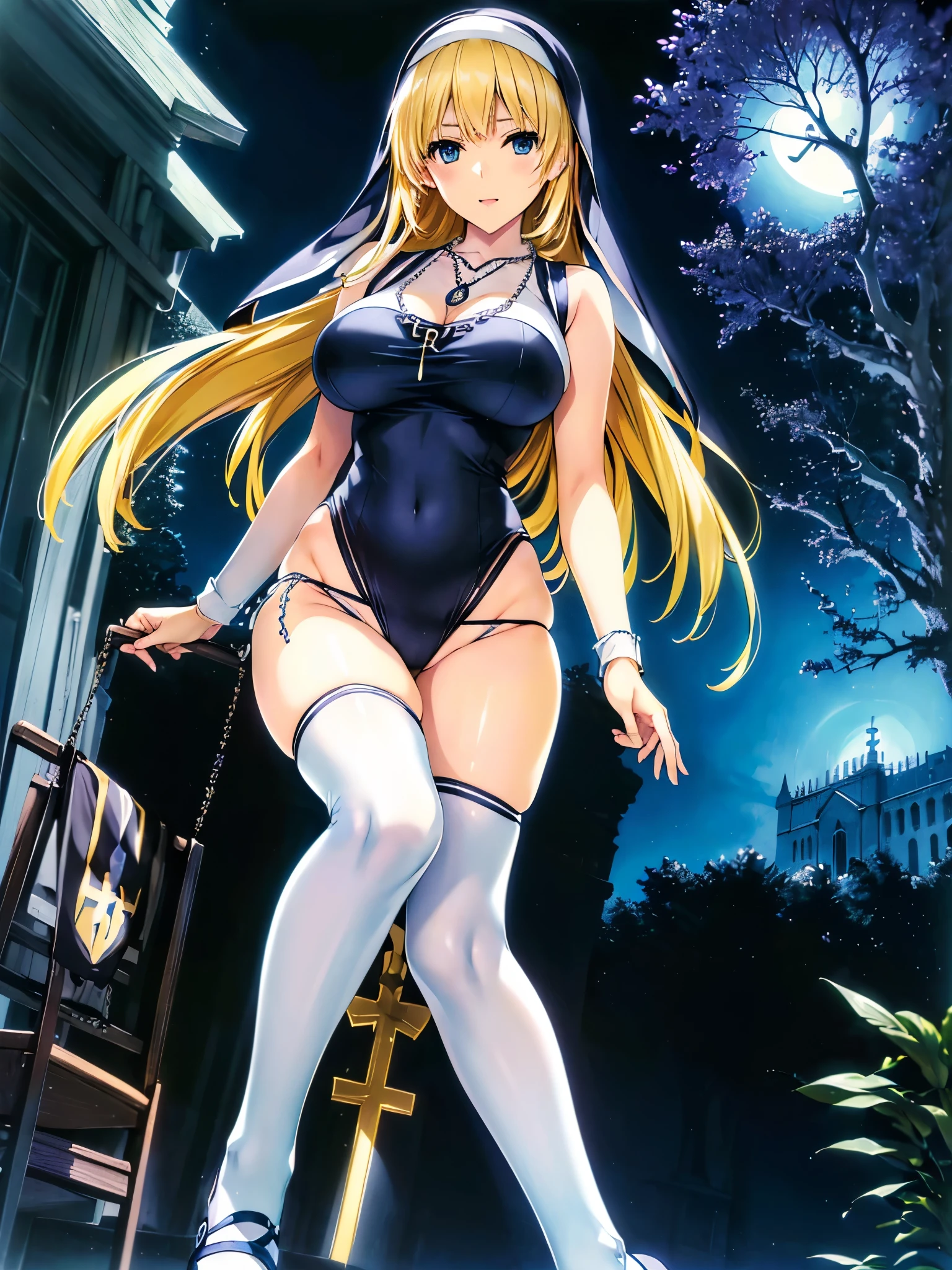 ((Older sister、Tree Eyes、 yellow hair、 medium hair、Nuns、Blue habit、rosary necklace、White high leg bikini、thong、 bottomless、 knee-high socks、Big Breasts、 cleavage、Captivating thighs、 big butt 、 adult woman laughing、church))、 Glamorous Body 、Extremely sexy、Moonlit Night、 is standing、Beautiful long legs、Groin、from below