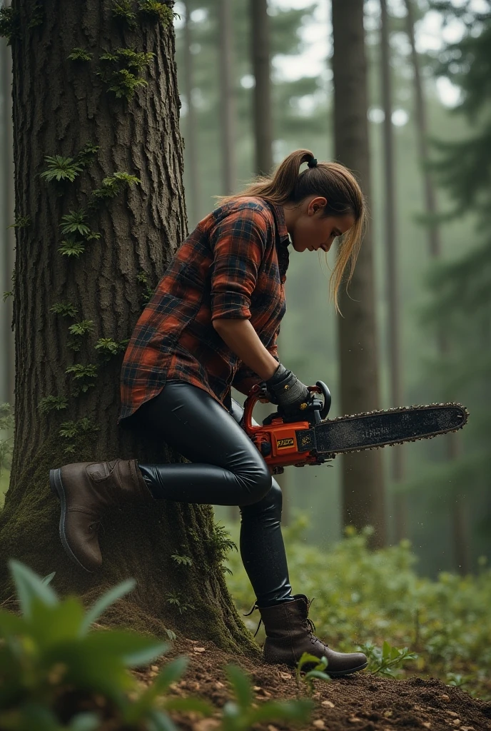 Chainsaw Girl Cutting down a big tree Highest quality Real A scene from a movie