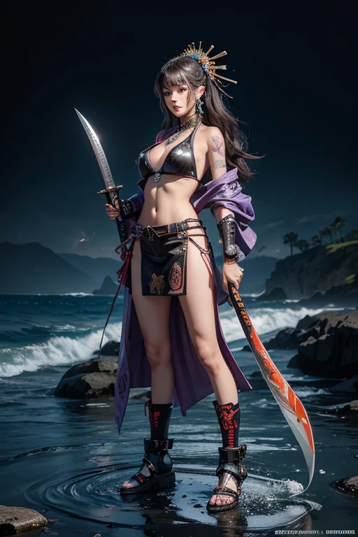 the hair,Nice face,blue bikini armor,Heterochromatic pupil,Full body photo,half moon,Seafront