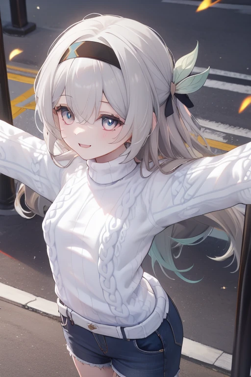 masterpiece,Best Quality, Hi-Res,Super detailed,(facing_ viewer :1.1),Alone, 1 girl,smile, small breasts,View from above,(( knitted sweater, upper body_up, spread your arms)), is standing,honkai_ fireflies,whole body, fireflies, black hair band,Long Hair,Grey Hair,Thigh length,Outdoor,Street Corner,Sidewalk,
