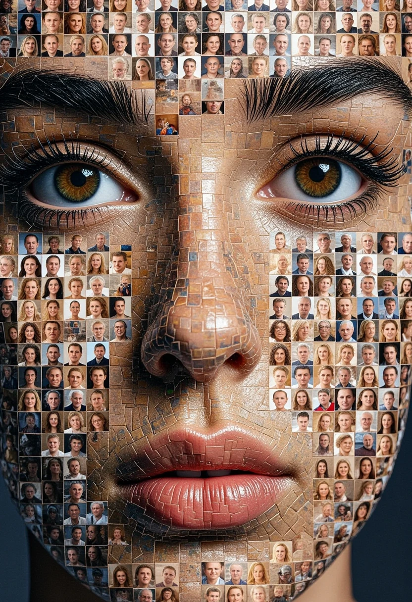 (1mskxx1:1.6), A hyper-realistic portrait composed of many small photos of the same size, just like a mosaic. Each photo should be unique yet get along harmoniously with the others to create an image with cohesion and visual appeal. Importantly, the colors of the small photos need to match in order to create a realistic close-up portrait. In the dark areas of the portrait, such as the eyebrows and shadows, photos with predominantly dark tones should be used. In the bright areas, like the facial skin, photos with lighter hues should be chosen. The final result should display the maximum details, emphasizing the texture and color of each photo, while ensuring that the overall composition forms a recognizable and impressive portrait. The style should combine realism and artistic interpretation, emphasizing the intricate relationships among the individual images in the mosaic