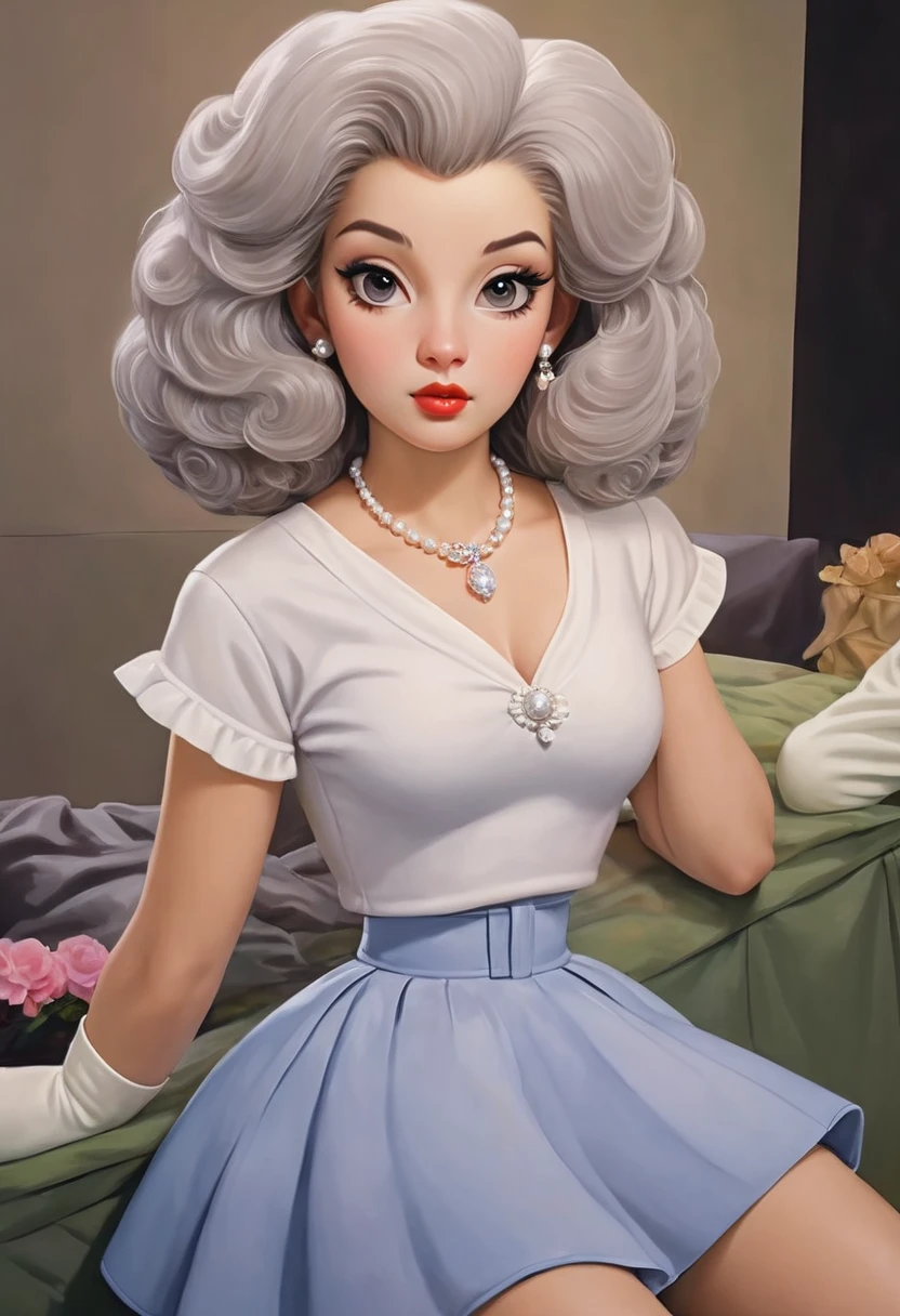 A Beautiful Women In A furry crop top, furry poodle skirt. Plush Lips. Large Doe Eyes. G-Cup. The Medium Used To Depict This Artwork Is Oil Painting, Ensuring A High-Quality And Detailed Result. The Painting Style Is Realistic And Photorealistic, With Vivid Colors And Sharp Focus. The Overall Lighting Is Well-Balanced, Illuminating The Scene Beautifully. Classy sophisticated, fashionable, posh, high society
