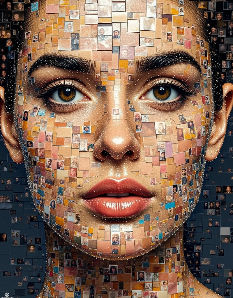 (Portrait close-up:1.6), A hyper-realistic portrait composed of many small photos of the same size, just like a mosaic. Each photo should be unique yet get along harmoniously with the others to create an image with cohesion and visual appeal. Importantly, the colors of the small photos need to match in order to create a realistic close-up portrait. In the dark areas of the portrait, such as the eyebrows and shadows, photos with predominantly dark tones should be used. In the bright areas, like the facial skin, photos with lighter hues should be chosen. The final result should display the maximum details, emphasizing the texture and color of each photo, while ensuring that the overall composition forms a recognizable and impressive portrait. The style should combine realism and artistic interpretation, emphasizing the intricate relationships among the individual images in the mosaic