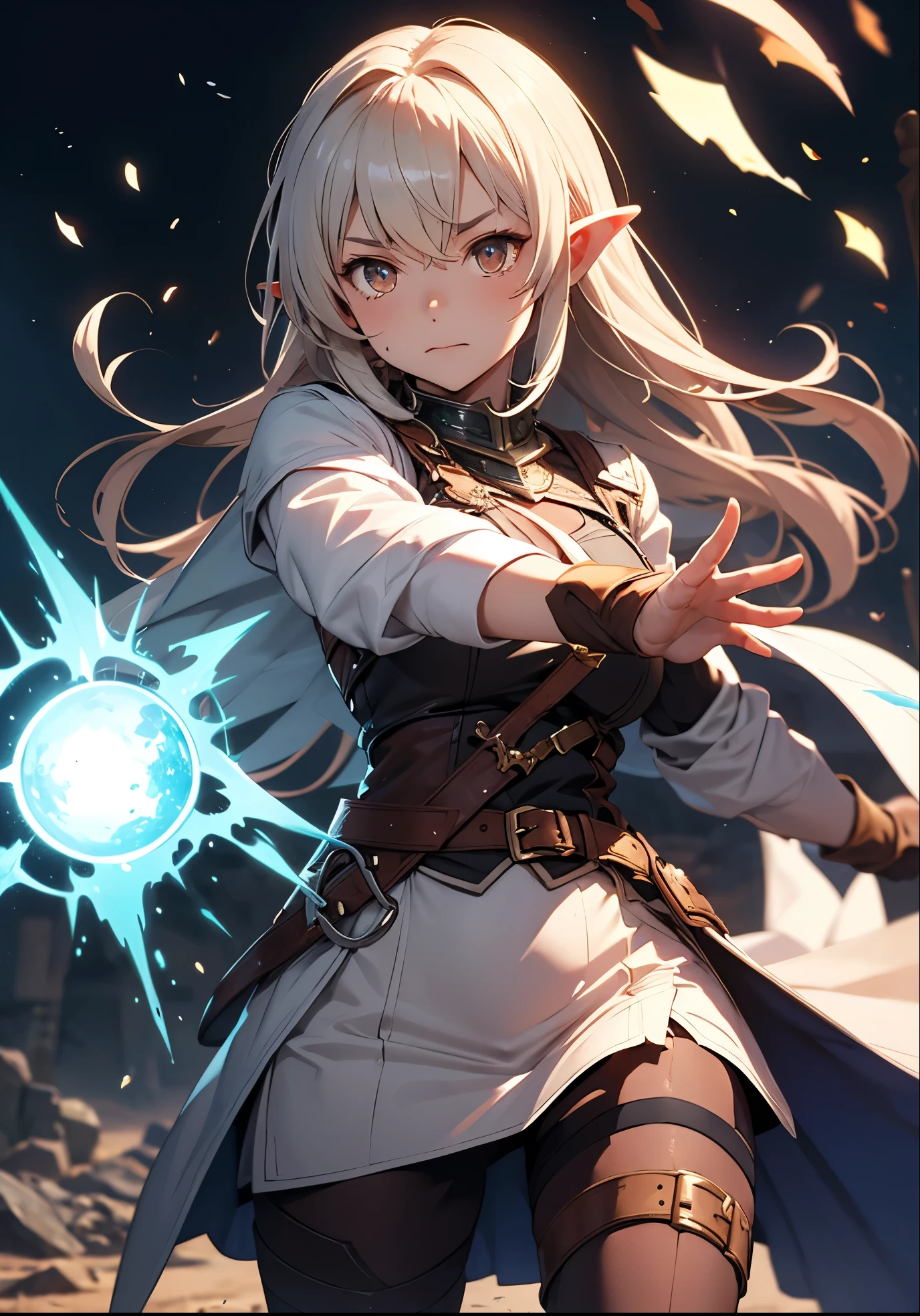 Generates the image of an elf with specifically white hair and pointed ears, Her hairstyle consists of 2 pigtails on the sides and a little at the back., tienes los ojos verdes, tiene aretes de color dorado en sus orejas, es de piel blanca, That elf is a sorceress so she holds a staff in her right hand, The staff is red with a golden ring at the top and inside this ring it has a red gem, She wears long black tights and brown boot-style sneakers., usa un chaleco liso de color blanco y las orillas en color dorado, usa el chaleco abierto, debajo del chaleco usa una blusa a rayas horizontales, las rayas son color negro y blanco, usa una falda blanca con los bordes en color dorado, and a black leather belt, serious expression, He is on guard in a fighting pose but in a very relaxed way since he is very powerful