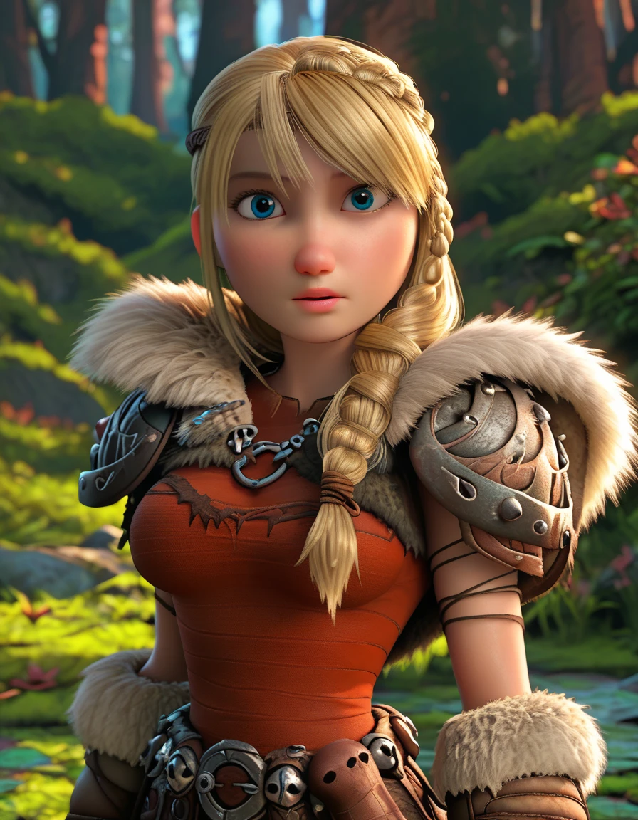 score_9, score_8_up, BREAK, ASTRIDHOFFERSON, 1girl, solo, blonde hair, braid, Long hair, blue eyes, fur trim, shoulder armor, armor, show breasts, large breasts, pauldron, depth of field, forest,