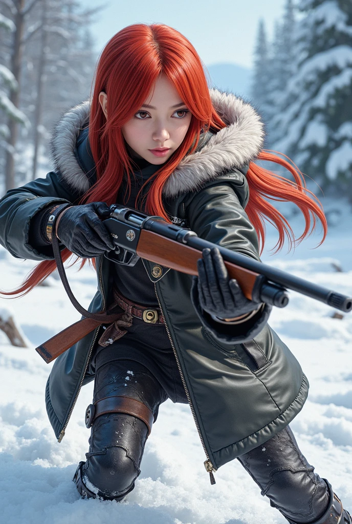  Huntress girl holding a rifle in a snowball fight pose, oriental,Blade and Soul, ink style ,Long Red Hair,Leather and fur coats,cold, artwork ,3d,4K,  Details,Realistic