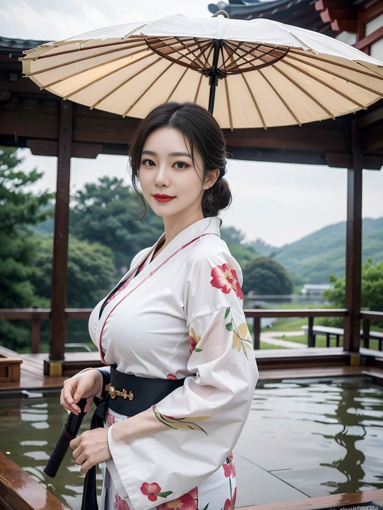 (A sexy and super cute Korean aunt is standing wearing a kimono:1.3)(Grinning:1.1)(Sweaty skin:1.2)(16k,  RAW Photos, Best Quality, masterpiece: 1.2),(艶やかなSweaty skin:1.3) Super detailed,  super resolution, (Genuine, Genuine photos: 1.37), Portraiture,  high-res RAW color photo,  professional photos,  several people having fun with each other while having very detailed , 8k wallpaper,  several people having fun with each other while having very detailed  CG Unity 8k wallpaper,  several people having fun with each other while having very detailed  beautiful girls,  several people having fun with each other while having very detailed  faces, ((whole body)), beautiful woman,  huge breasts,(huge boobs:1.1) ( big boobs :1.1), Beautiful college student (Sexy long-sleeved kimono),Yukata, Korean,(milf), (Beautiful mature)(Beautiful office lady:1.1)(The temple where it is raining heavily:1.2)(51 years old)gal,Gal,Heavy makeup(Sweaty skin:1.2)(Shiny tied ponytail hair)(from side)Luxury Necklace,Furisode,Yukata,Kimono(NSFW)beautiful legs(Japanese Umbrella:1.2)