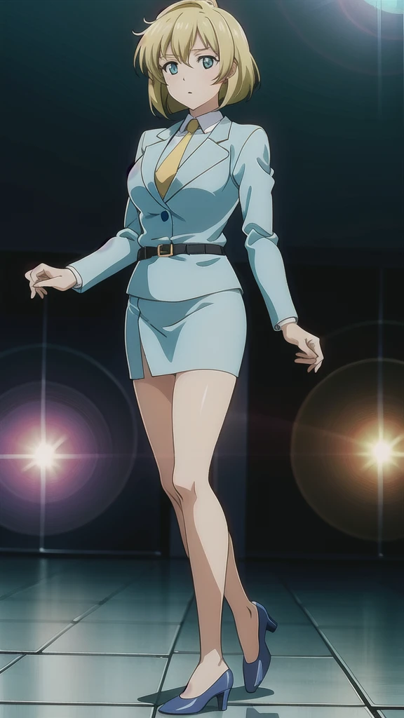 Blonde、 bob cut from the front、Green Eyes，悲しいface， Full Body Style 、 normal breasts、 narrow waist 、Bare legs、In a suit、 blue jacket ,襟付きshirt, shirt, yellow tie ,belt,,  Blue Mini Pencil Skirt, black tights，White pumps，My legs are slightly flabby， OFFICIAL ART, Extremely Fine CG Unity 8k Wallpaper ,  full light, colorful , bright _ Front_face_ Lighting,  shiny skin, ( masterpiece:1.0),(Highest_quality:1.0), 超 Hi-Res,4K,Ultra-detailed, photo shoot, 8k,  Hi-Res,  Hi-Res,  absurd:1.2,  Kodak Portra 400, film grain,  blurry background, Bokeh:1.2,  lens flare , ( lively_ color:1.2), Professional photography,Anime Images、