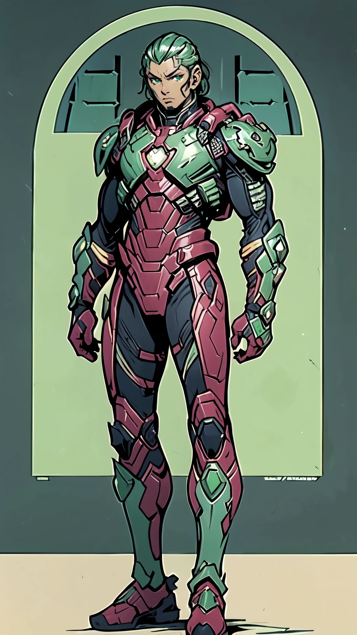 (masterpiece:1.5, best quality:1.5, extremely delicate:1.5), ((male:1.5)), a man wearing a full-face helmet, green eyes, fantasy-style high-tech biomimetic armored combat suit, (a composite layered chest armor), the design balances heavy with agility, fully enclosed shoulder guards, matching arm and leg guards, a belt of gemstone, (the color scheme is primarily White with Scarlet and Green accents, Organic Biotech, Concept Inspired by Iron man, glowing eyes, armor glows, stand of a futuristic sci-fi city), this character embodies a finely crafted fantasy-style armored hero in anime style, exquisite and mature art style, metallic, high definition, highres, ultra-detailed, ultra-fine painting, professional, perfect body proportions, golden ratio, anatomically correct, symmetrical face, extremely detailed eyes and face, high quality eyes, creativity, RAW photo, UHD, 32k, Natural light, cinematic lighting, masterpiece-anatomy-perfect