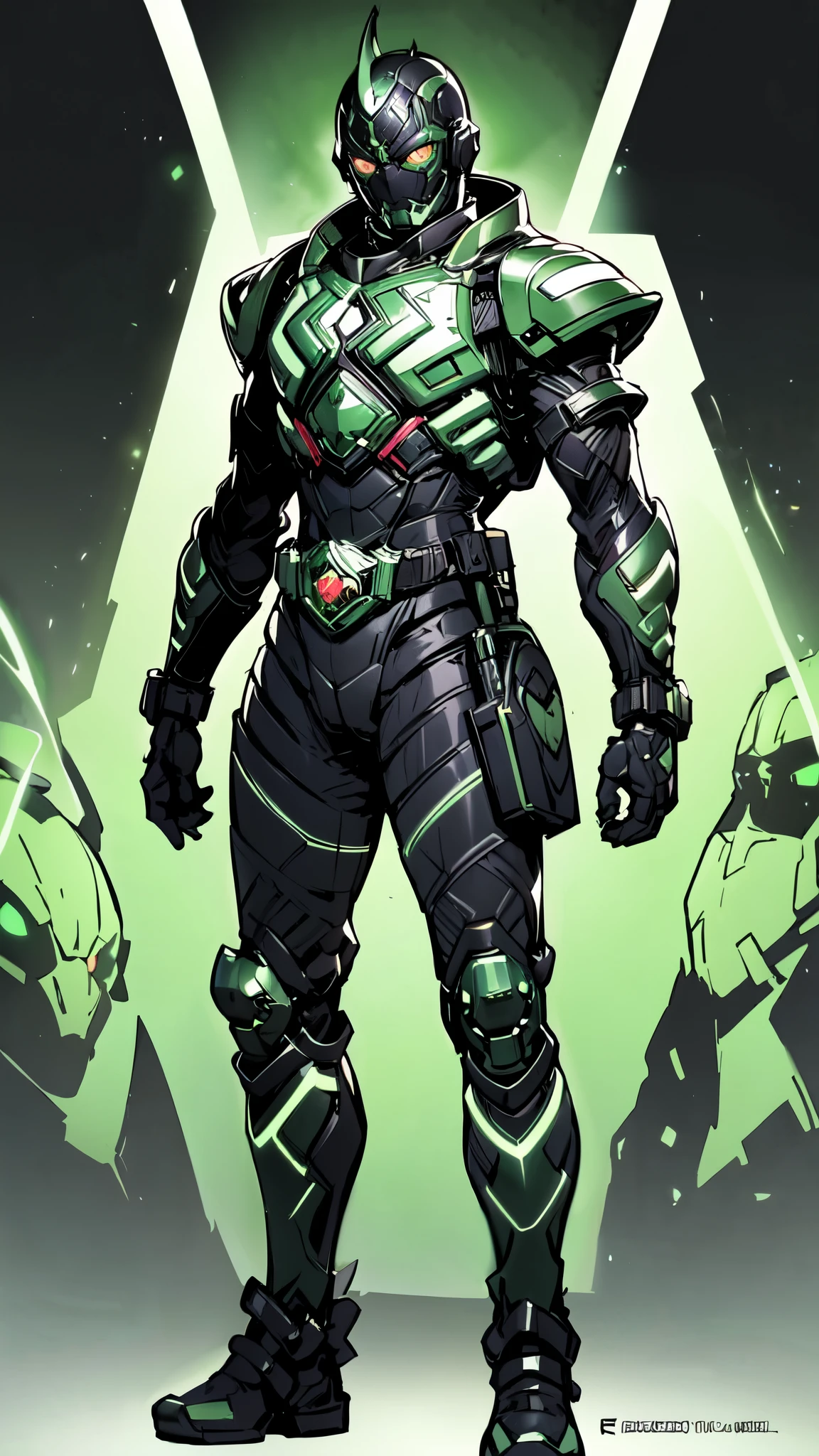 (masterpiece:1.5, best quality:1.5, extremely delicate:1.5), ((male:1.5)), a man wearing a full-face helmet, green eyes, fantasy-style high-tech biomimetic armored combat suit, (a composite layered chest armor), the design balances heavy with agility, fully enclosed shoulder guards, matching arm and leg guards, a belt of gemstone, (the color scheme is primarily White with Scarlet and Green accents, Organic Biotech, Concept Inspired by Kamen Rider, glowing eyes, armor glows, stand of a futuristic sci-fi city), this character embodies a finely crafted fantasy-style armored hero in anime style, exquisite and mature art style, metallic, high definition, highres, ultra-detailed, ultra-fine painting, professional, perfect body proportions, golden ratio, anatomically correct, symmetrical face, extremely detailed eyes and face, high quality eyes, creativity, RAW photo, UHD, 32k, Natural light, cinematic lighting, masterpiece-anatomy-perfect