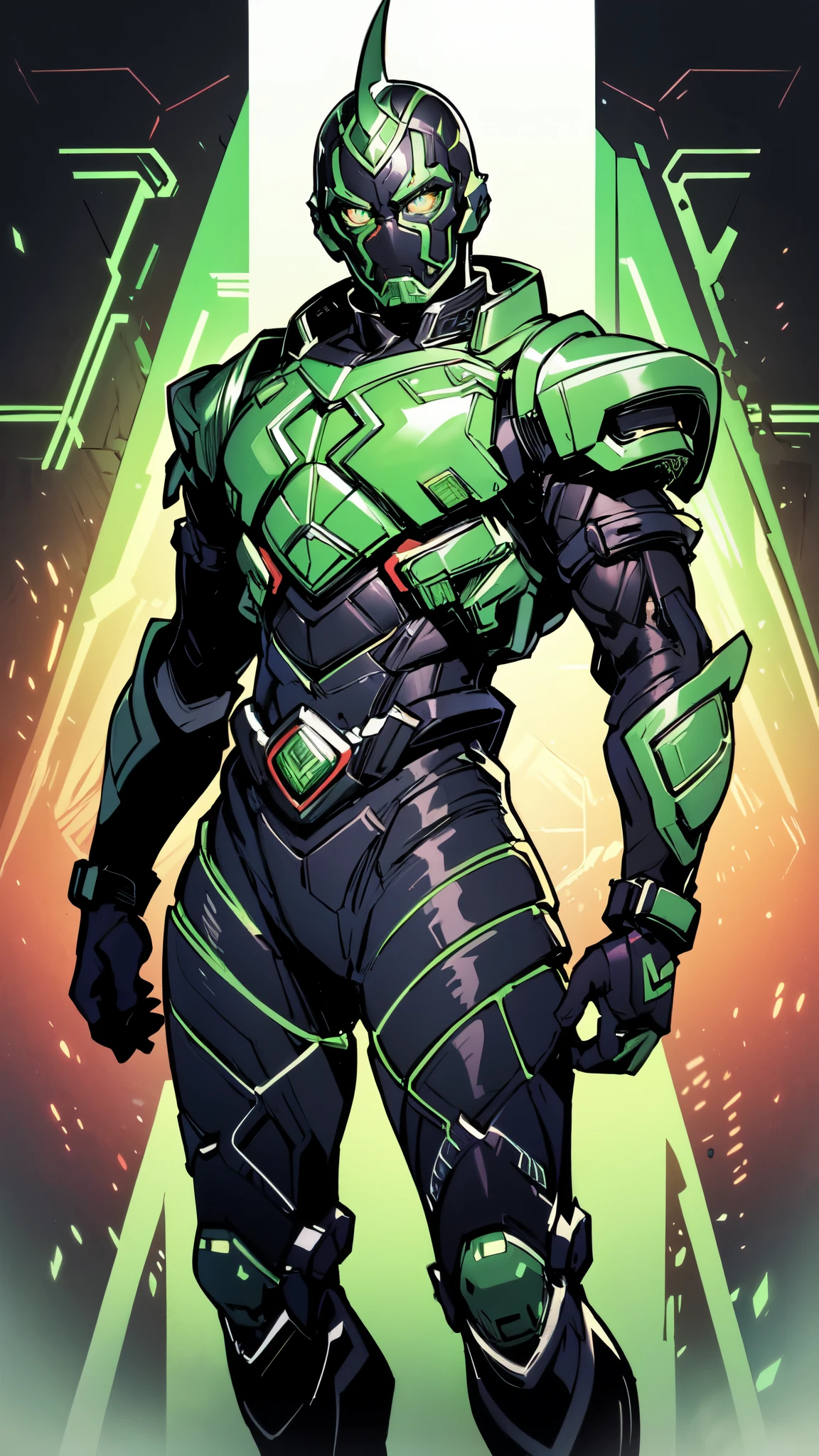 (masterpiece:1.5, best quality:1.5, extremely delicate:1.5), ((male:1.5)), a man wearing a full-face helmet, green eyes, fantasy-style high-tech biomimetic armored combat suit, (a composite layered chest armor), the design balances heavy with agility, fully enclosed shoulder guards, matching arm and leg guards, a belt of gemstone, (the color scheme is primarily White with Scarlet and Green accents, Organic Biotech, Concept Inspired by Kamen Rider, glowing eyes, armor glows, stand of a futuristic sci-fi city), this character embodies a finely crafted fantasy-style armored hero in anime style, exquisite and mature art style, metallic, high definition, highres, ultra-detailed, ultra-fine painting, professional, perfect body proportions, golden ratio, anatomically correct, symmetrical face, extremely detailed eyes and face, high quality eyes, creativity, RAW photo, UHD, 32k, Natural light, cinematic lighting, masterpiece-anatomy-perfect