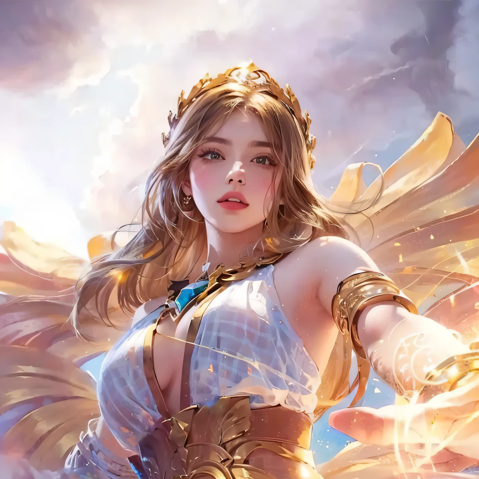 Masterpiece, best picture quality, high quality, beautiful woman, Japanese, popular Korean makeup, detailed, swollen eyes, detailed eyes, detailed skin, beautiful skin, ultra high resolution, (reality: 1.4),very beautiful, slightly younger face, beautiful skin, slender, (ultra realistic), (illustration), (high resolution), (8K), (very detailed) (best illustration), (beautifully detailed eyes), (super detailed), (wallpaper), (detailed face), looking at viewer, fine detail, detailed face, pureerosfaceace_v1, smiling, looking straight ahead, looking straight ahead, angle from waist up, realistic photo, bright lighting, professional lighting, black hair (some green), long hair, dark ruins, big red moon, gorgeous red and black dress, mature woman, long stylish bangs,