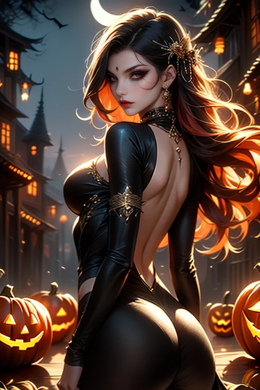 Pretty Caucasian (female), Sarah Shahi, a slim but muscular body, huge breasts, dark brown messy hair, blue eyes, 1girl,close up,moonlight,witch costume,gold neck jewelry,body tattoos,short hair,gown dress, pumpkin village,ceremonial cape,gothic corset,halloween forest,gold,amulets,glowing cauldron, gothic piercings and tattoos, white tribal top,green eyes,orange hair,shy smile,freckles,redhead,beautiful girl,large breasts,thigh high boots,ultra detailed,realistic,fantasy art,garter belt,holding a wand,black cat,
