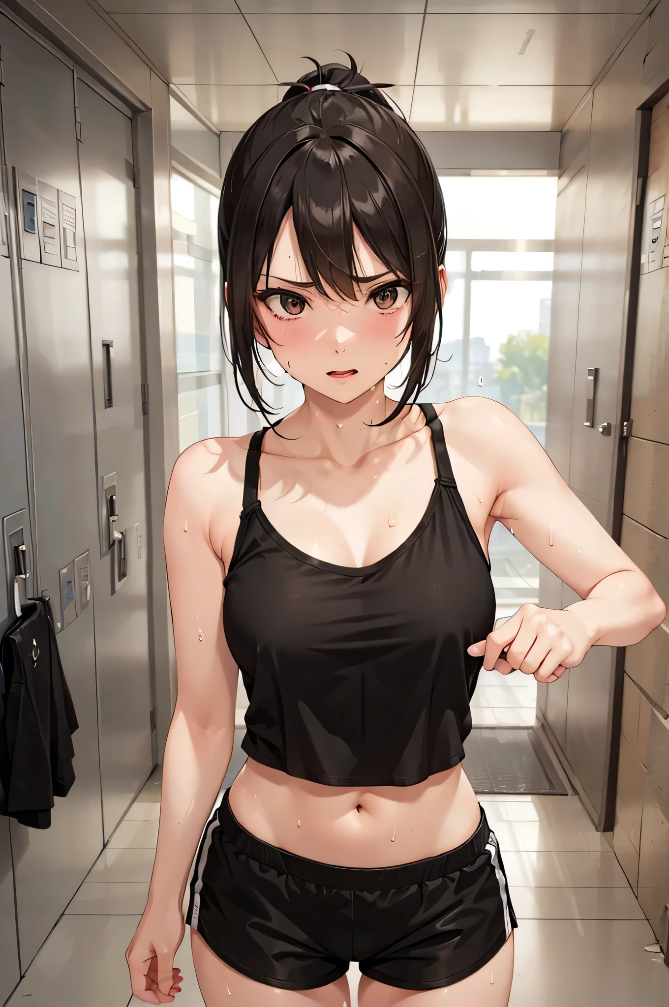  adult woman laughing, Alone,  sexy,8K resolution,((Best Quality)), ultra high resolution, (Angry face), (brown long eyes ),  Beautiful Symmetrical Face , (black long princess cut ponytail), tank top, sports shorts,Realistic:1.4,Realistic:1.4,(masterpiece:1.2), perfect eyes,Perfect Eyes, Anatomically Correct Human Body ,Perfect waist,Perfect thighs,(Open your mouth:0.8),(tongue:0.8),Sigh,locker room,Changing clothes,(sweat:1.4),Bra,Keep viewers cornered by the wall,Late 20s