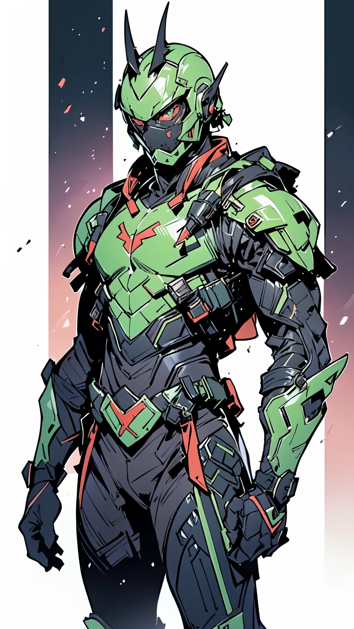 (masterpiece:1.5, best quality:1.5, extremely delicate:1.5), ((male:1.5)), a man wearing a full-face helmet, green eyes, fantasy-style high-tech biomimetic armored combat suit, (a composite layered chest armor), the design balances heavy with agility, fully enclosed shoulder guards, matching arm and leg guards, a belt of gemstone, (the color scheme is primarily White with Scarlet and Green accents, Organic Biotech, Concept Inspired by Kamen Rider, glowing eyes, armor glows, stand of a futuristic sci-fi city), this character embodies a finely crafted fantasy-style armored hero in anime style, exquisite and mature art style, metallic, high definition, highres, ultra-detailed, ultra-fine painting, professional, perfect body proportions, golden ratio, anatomically correct, symmetrical face, extremely detailed eyes and face, high quality eyes, creativity, RAW photo, UHD, 32k, Natural light, cinematic lighting, masterpiece-anatomy-perfect