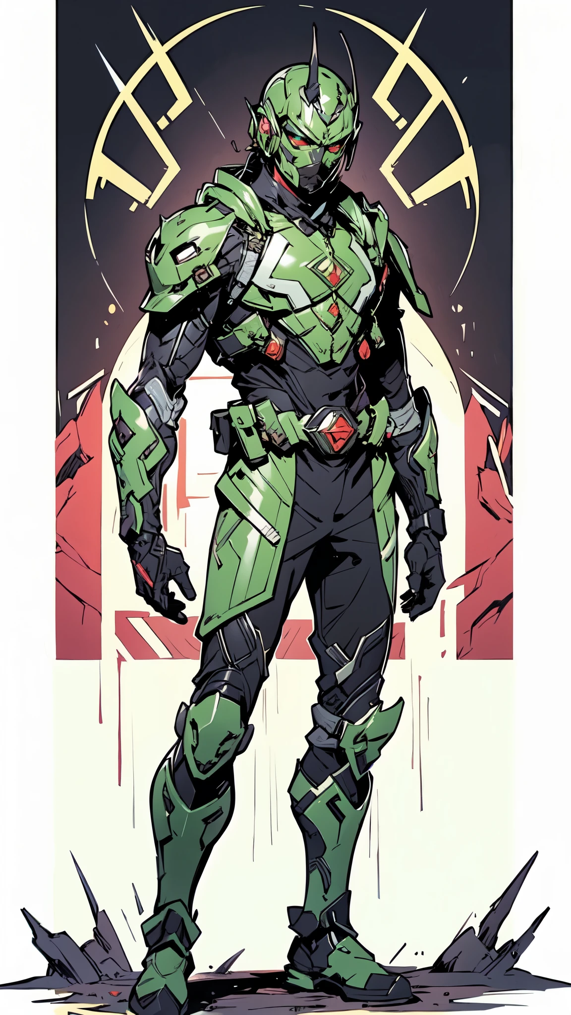 (masterpiece:1.5, best quality:1.5, extremely delicate:1.5), ((male:1.5)), a man wearing a full-face helmet, green eyes, fantasy-style high-tech biomimetic armored combat suit, (a composite layered chest armor), the design balances heavy with agility, fully enclosed shoulder guards, matching arm and leg guards, a belt of gemstone, (the color scheme is primarily White with Scarlet and Green accents, Organic Biotech, Concept Inspired by Kamen Rider, glowing eyes, armor glows, stand of a futuristic sci-fi city), this character embodies a finely crafted fantasy-style armored hero in anime style, exquisite and mature art style, metallic, high definition, highres, ultra-detailed, ultra-fine painting, professional, perfect body proportions, golden ratio, anatomically correct, symmetrical face, extremely detailed eyes and face, high quality eyes, creativity, RAW photo, UHD, 32k, Natural light, cinematic lighting, masterpiece-anatomy-perfect