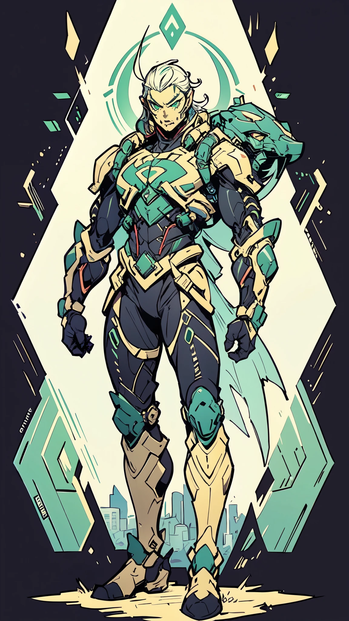 (masterpiece:1.5, best quality:1.5, extremely delicate:1.5), ((male:1.5)), a man wearing a full-face helmet, green eyes, fantasy-style high-tech biomimetic armored combat suit, (a composite layered chest armor), the design balances heavy with agility, fully enclosed shoulder guards, matching arm and leg guards, a belt of gemstone, (the color scheme is primarily White with Scarlet and Green accents, Organic Biotech, Concept Inspired by Superman, glowing eyes, armor glows, stand of a futuristic sci-fi city), this character embodies a finely crafted fantasy-style armored hero in anime style, exquisite and mature art style, metallic, high definition, highres, ultra-detailed, ultra-fine painting, professional, perfect body proportions, golden ratio, anatomically correct, symmetrical face, extremely detailed eyes and face, high quality eyes, creativity, RAW photo, UHD, 32k, Natural light, cinematic lighting, masterpiece-anatomy-perfect