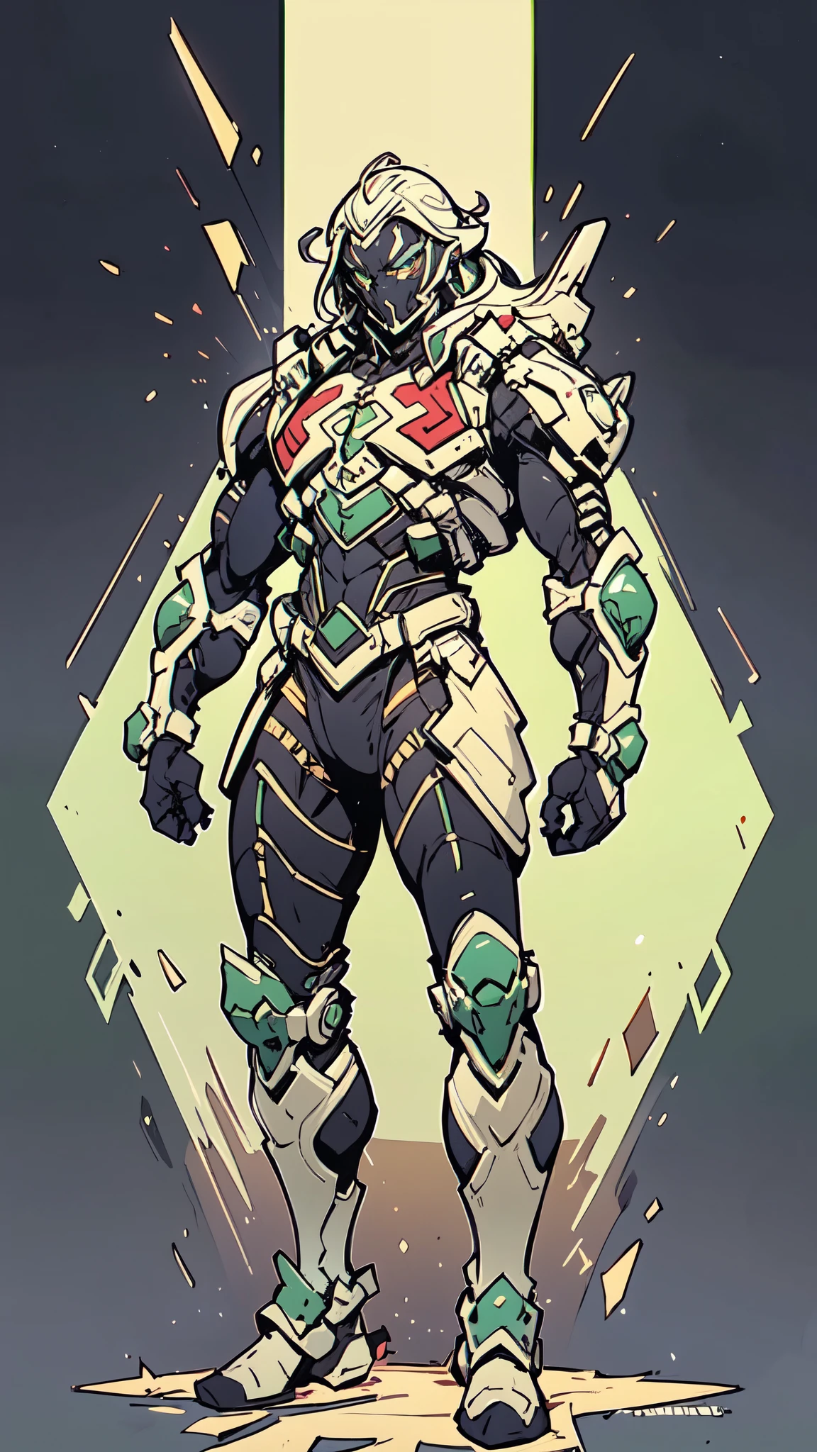 (masterpiece:1.5, best quality:1.5, extremely delicate:1.5), ((male:1.5)), a man wearing a full-face helmet, green eyes, fantasy-style high-tech biomimetic armored combat suit, (a composite layered chest armor), the design balances heavy with agility, fully enclosed shoulder guards, matching arm and leg guards, a belt of gemstone, (the color scheme is primarily White with Scarlet and Green accents, Organic Biotech, Concept Inspired by Superman, glowing eyes, armor glows, stand of a futuristic sci-fi city), this character embodies a finely crafted fantasy-style armored hero in anime style, exquisite and mature art style, metallic, high definition, highres, ultra-detailed, ultra-fine painting, professional, perfect body proportions, golden ratio, anatomically correct, symmetrical face, extremely detailed eyes and face, high quality eyes, creativity, RAW photo, UHD, 32k, Natural light, cinematic lighting, masterpiece-anatomy-perfect