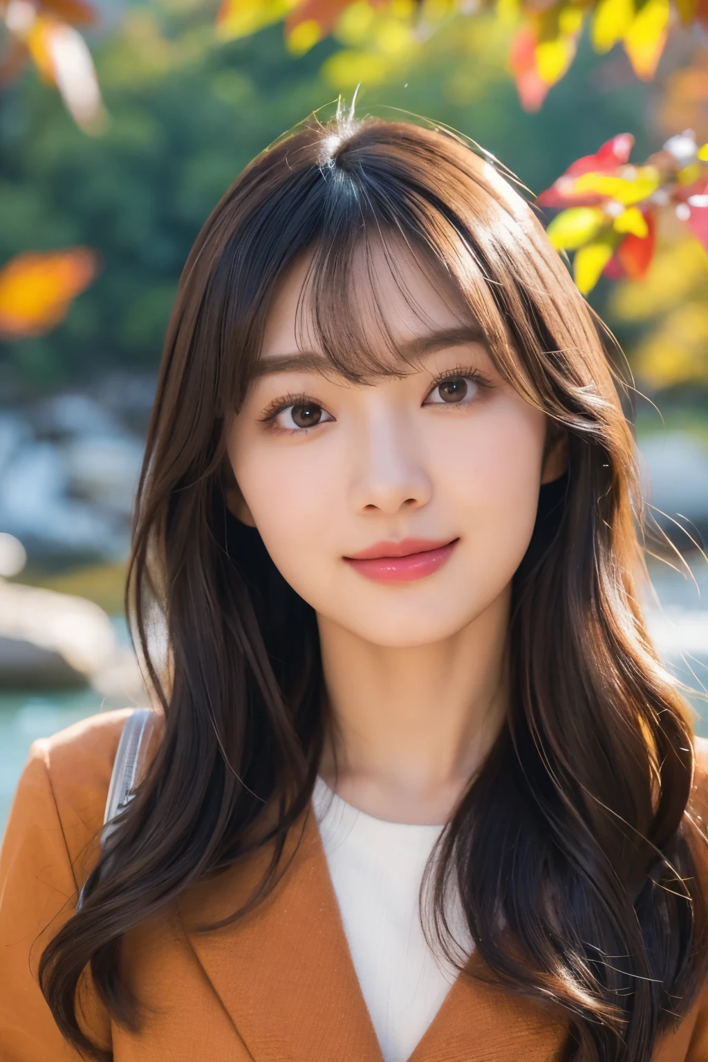 Realistic Figure , Photogenic, cute face、 Sparkling Hair、 slender , Big Breasts ,smooth jawline , Glossy face, small face 、 Brown Eyes 、 Brown Eyes 、 cute eyes from the right 、 の Brown Eyes と、 A small mechanical phoenix is perched behind a moy strip 、Pink lipstick、 small face 、 1 girl, High image quality , Long Hair, bangs, Brown Hair, Namida bag 、double、Droopy eyes、 、 eyelash 、 Teal Eyelids、 dark brown skin 、 model body type 、24 years old、167 cm 、8K images、 Big smile、 dress 、Flashy clothing、 handbag 、Autumn scenery、autumn leaves、In the mountains、In front of the river、