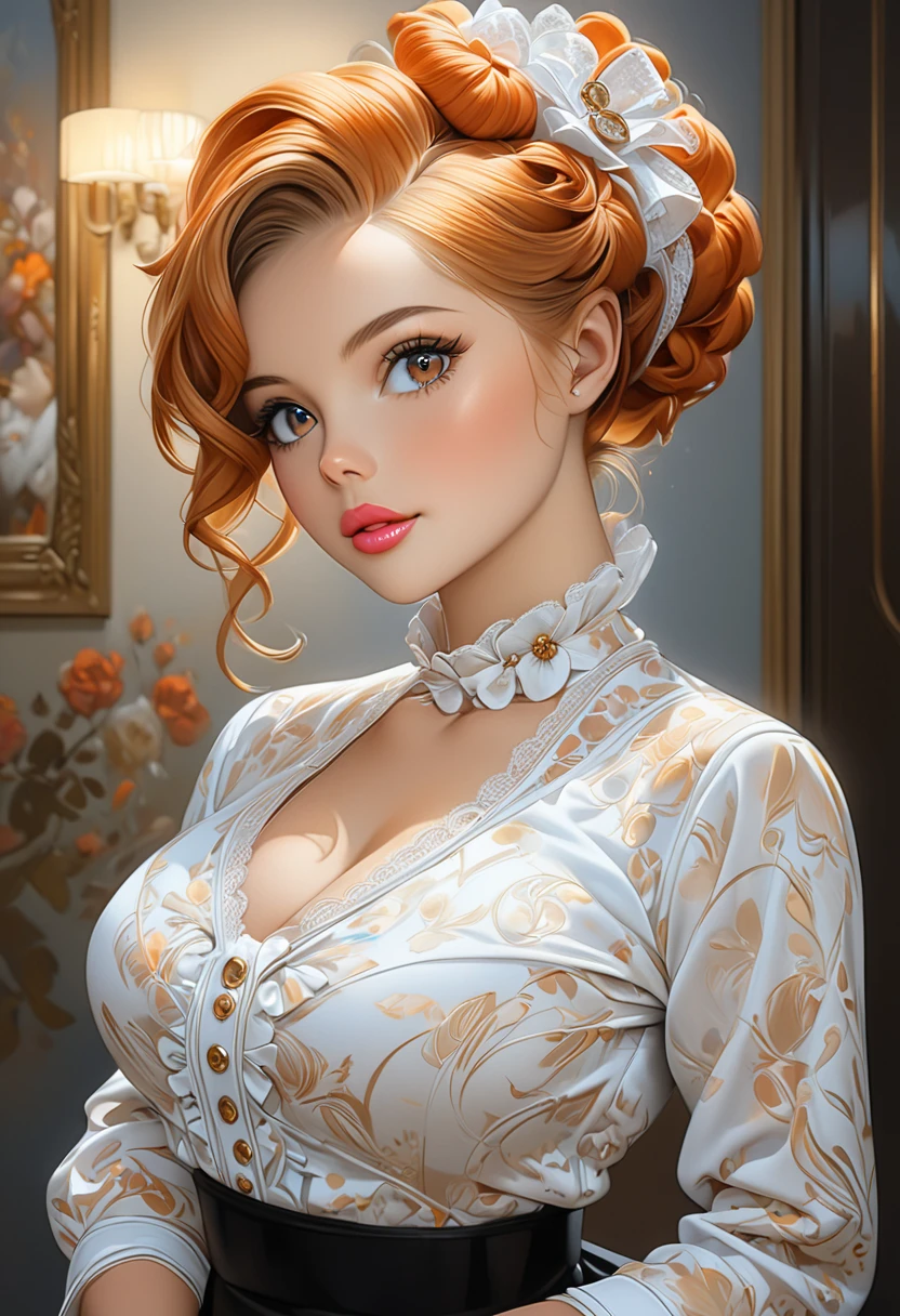 A Beautiful Women In A furry blouse furry skirt. Plush Lips. Large Doe Eyes. G-Cup. The Medium Used To Depict This Artwork Is Oil Painting, Ensuring A High-Quality And Detailed Result. The Painting Style Is Realistic And Photorealistic, With Vivid Colors And Sharp Focus. The Overall Lighting Is Well-Balanced, Illuminating The Scene Beautifully. Classy sophisticated, fashionable, posh, high society
